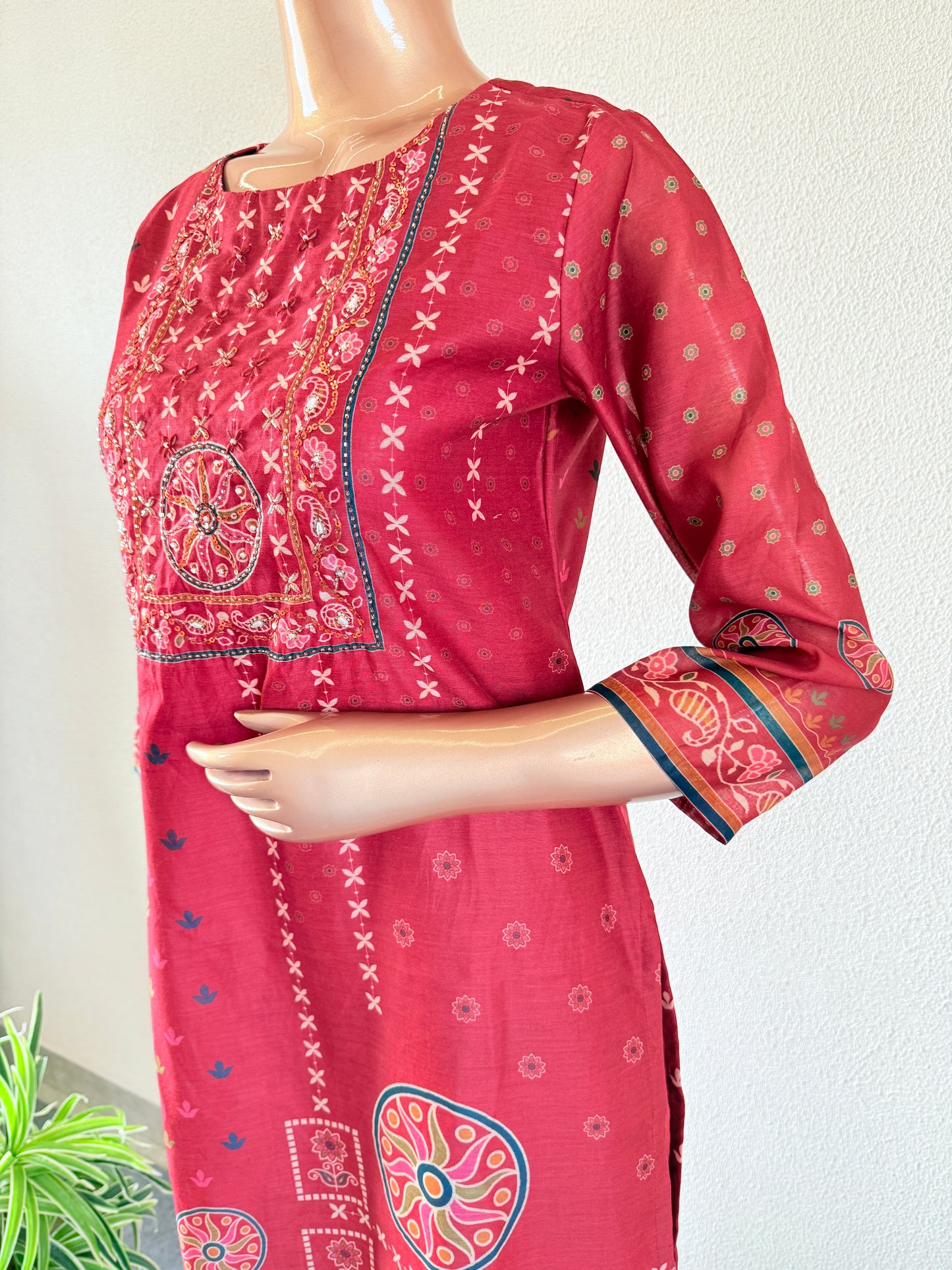 Chanderi Printed Suit Set With Hand Work on Yoke