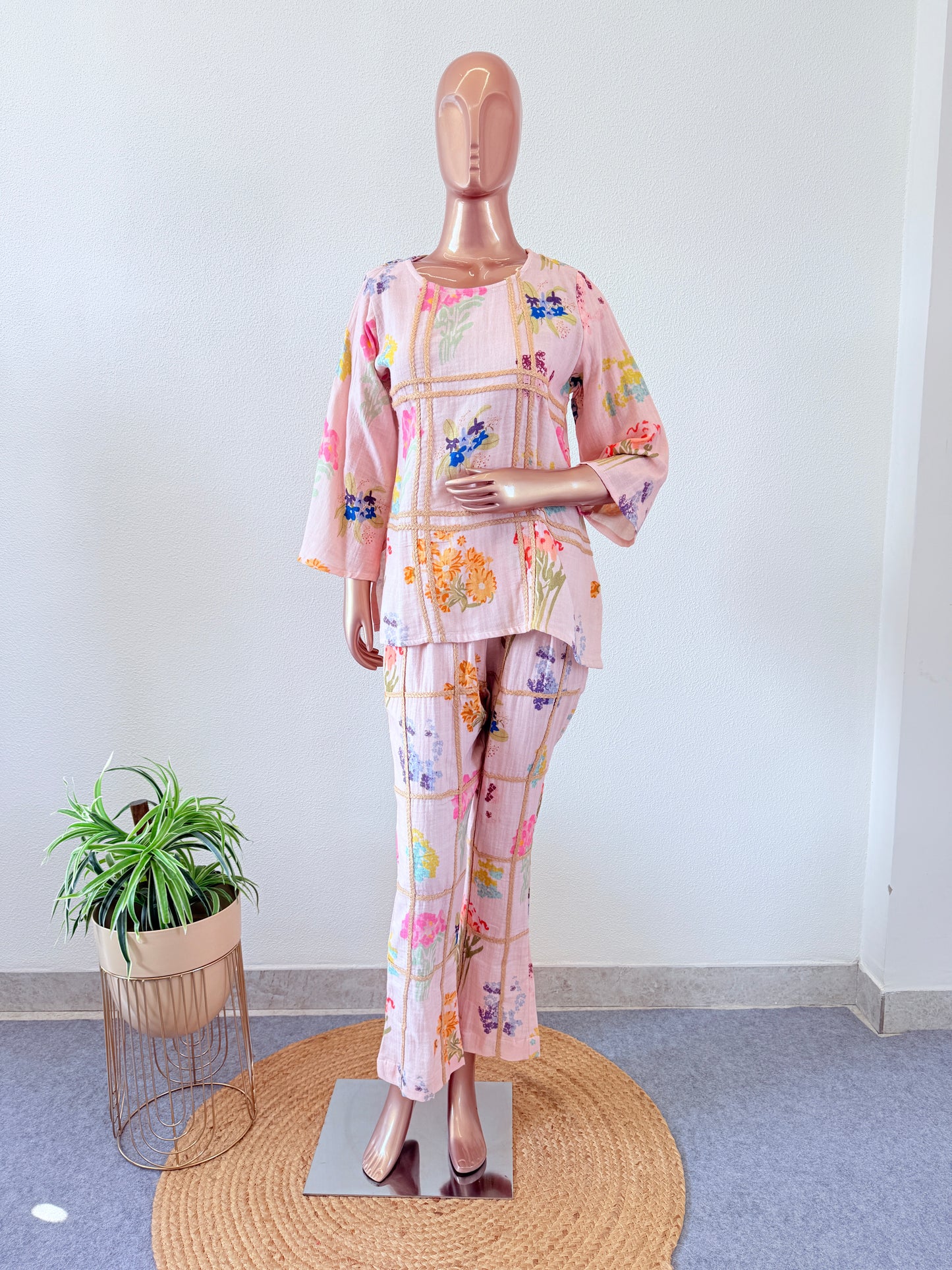 Pure linen Floral Coords with jute detail -Pink