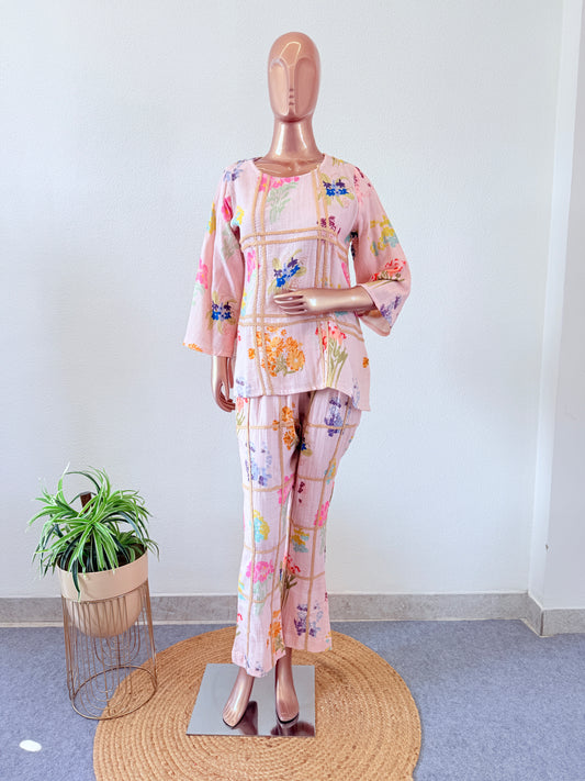 Pure linen Floral Coords with jute detail -Pink