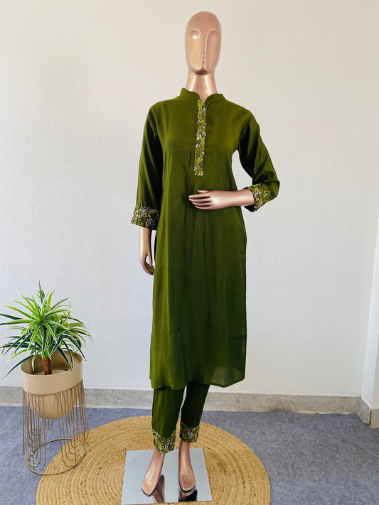 Hand Embroidered Imported Silk Kurta Pant Set