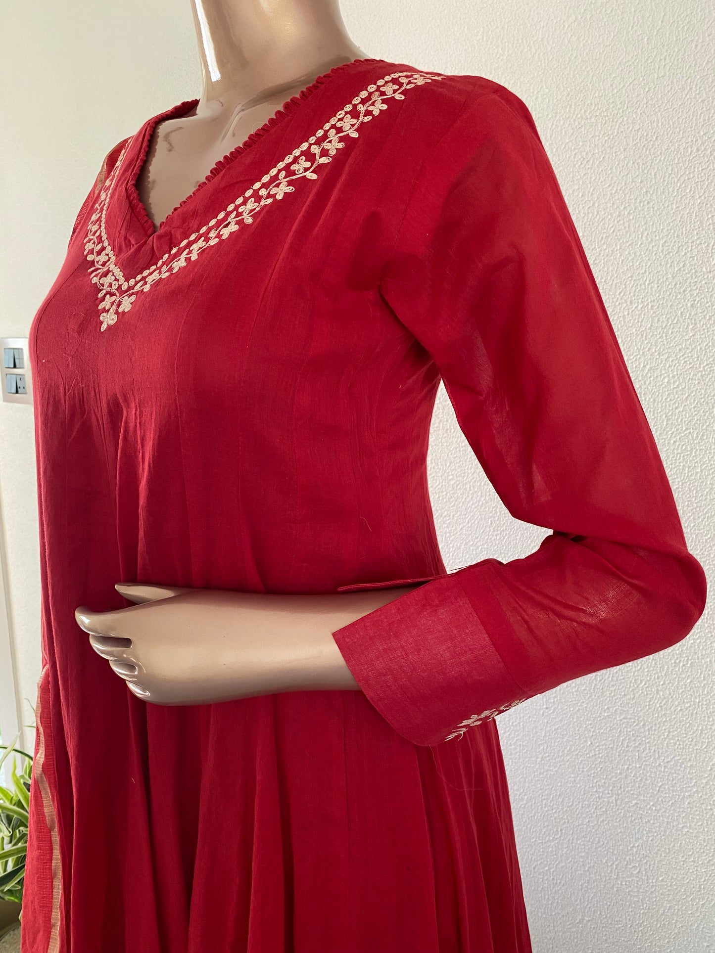 Pittan Work cotton Anarkali with Kota Doria Dupatta- Red