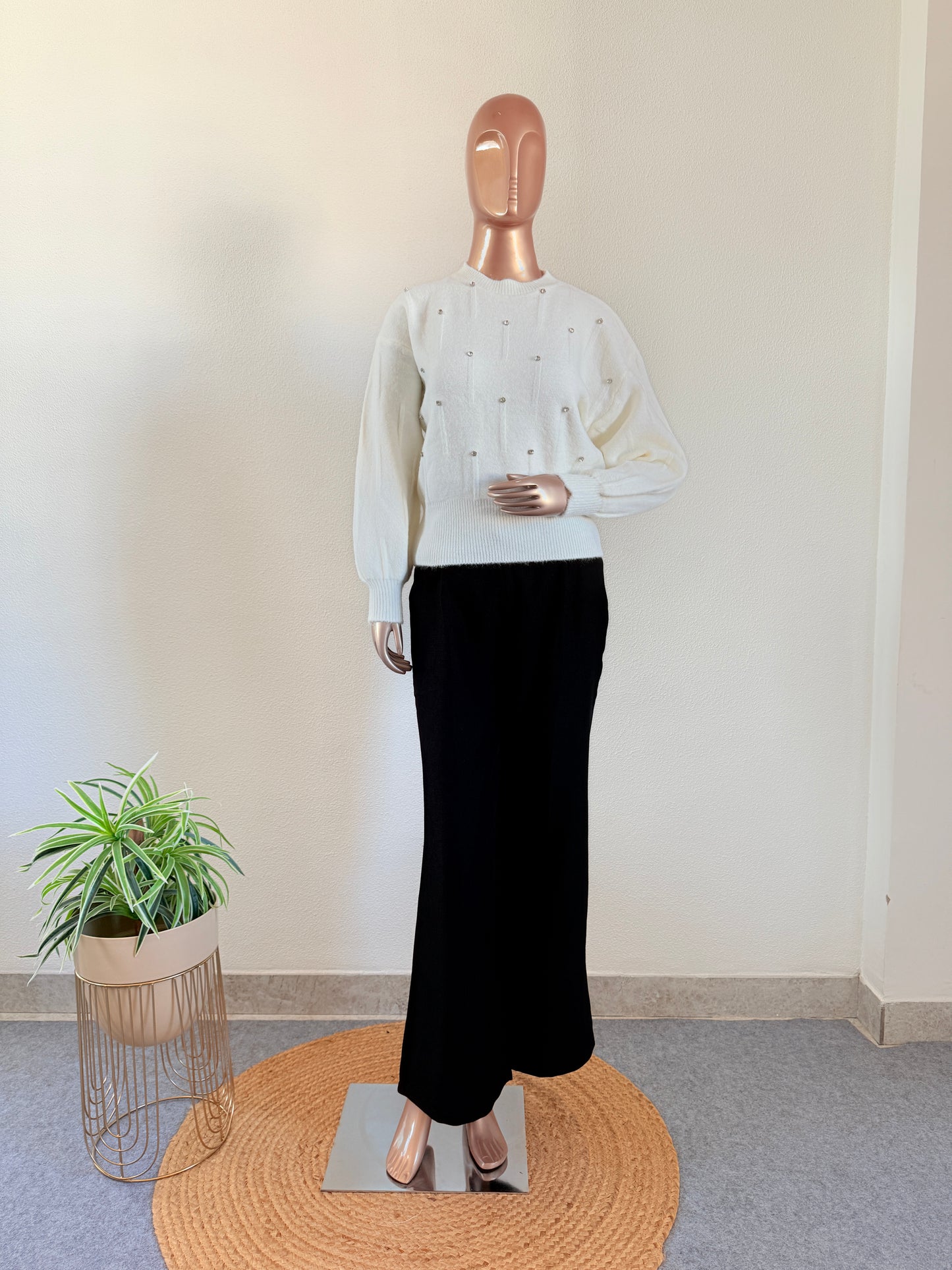 Woollen Top with Diamond Studs - White