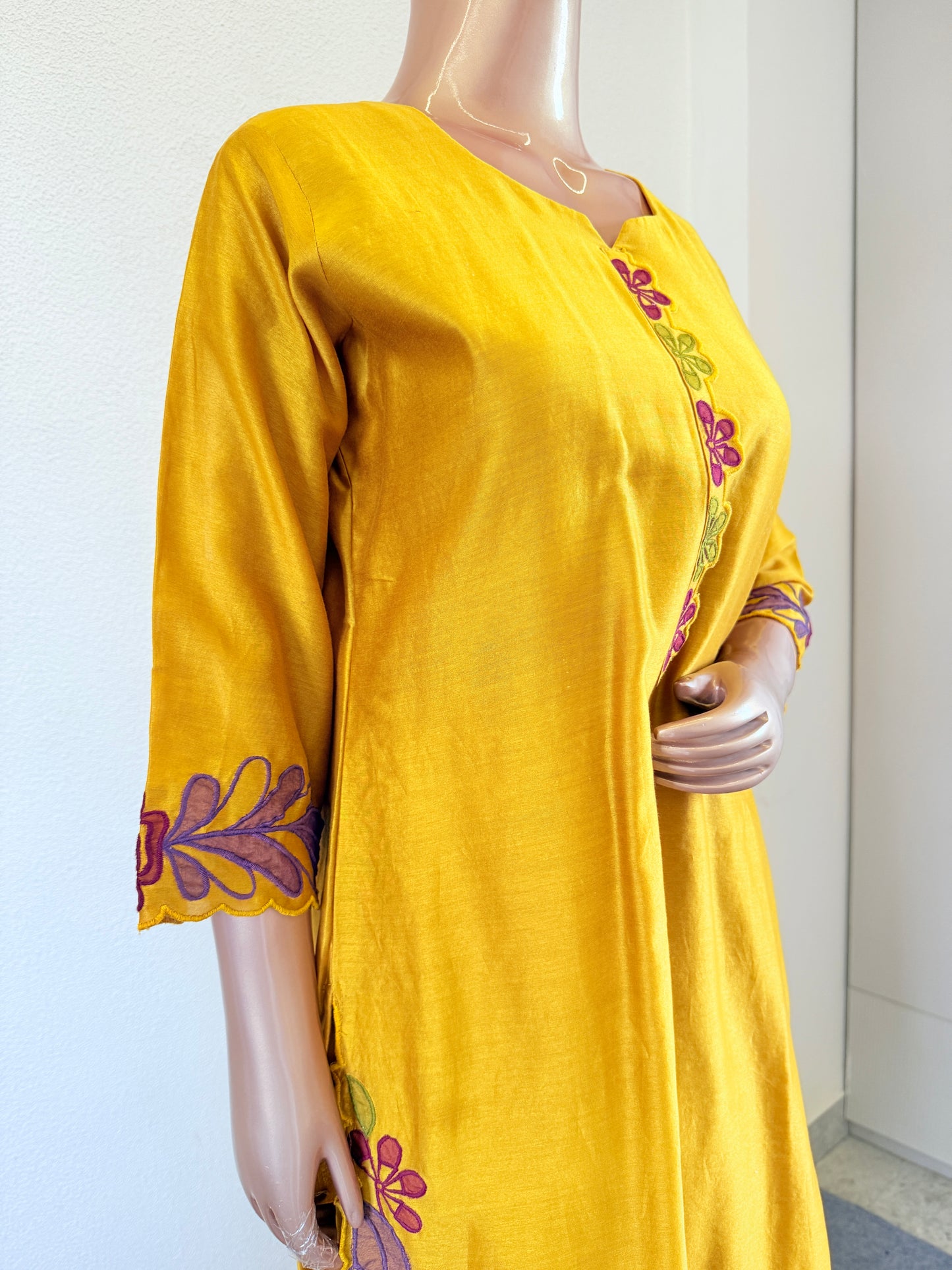 Designer Pure Silk Suit with Applique Work and Palazzo Pants with Organza Dupatta