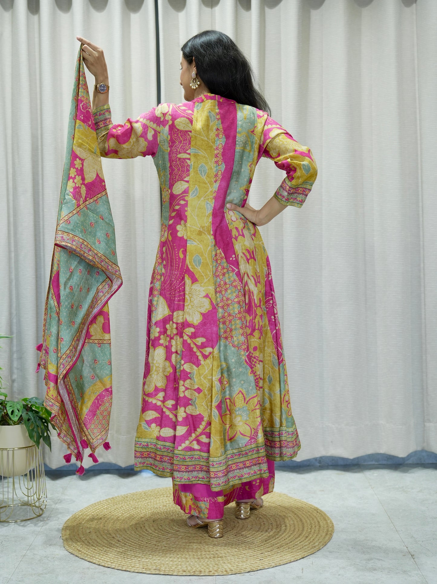 Premium Designer Digital Print Dola Silk Anarkali Set