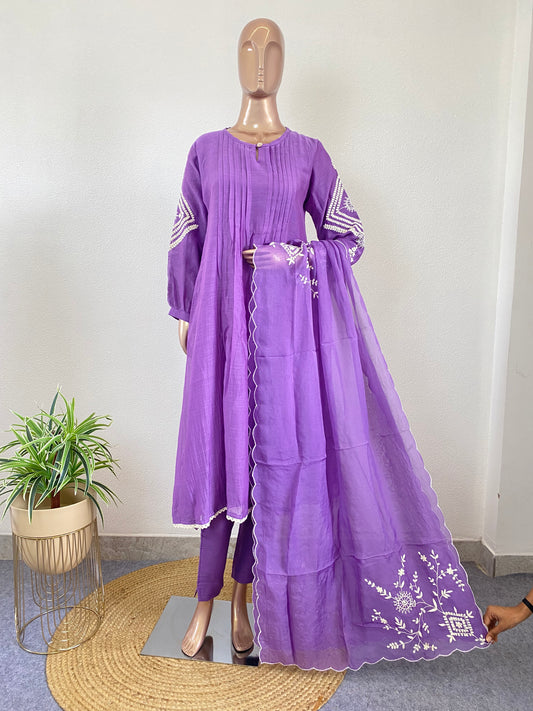 Mul chanderi Suit with Aari work on Sleeves