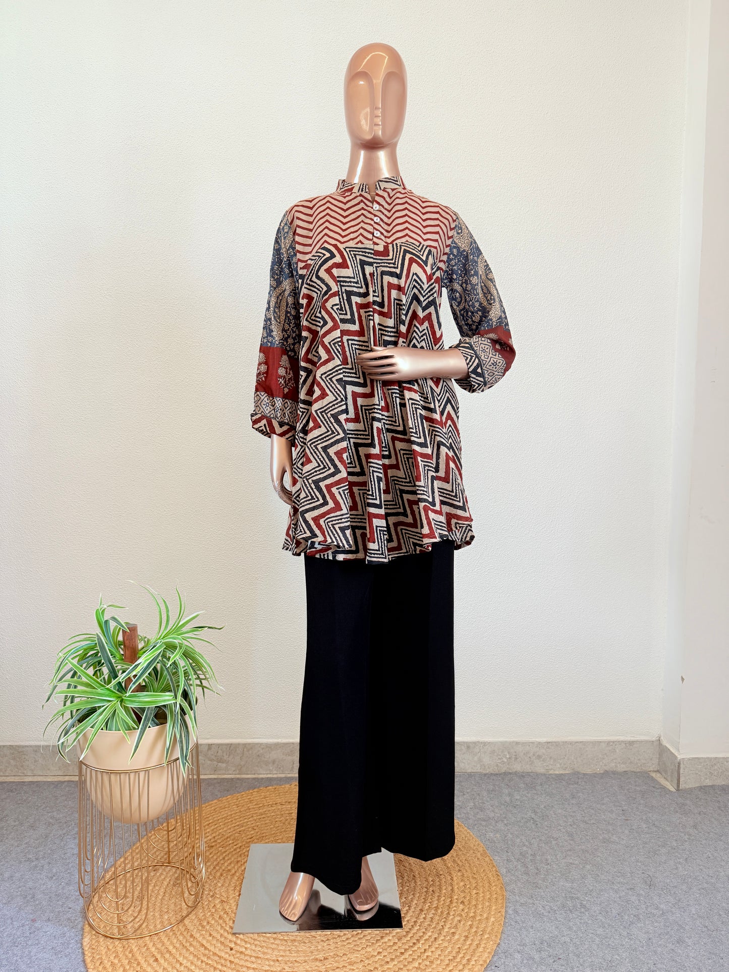 Ethnic Mul Chanderi Fusion A-Line Top- Red
