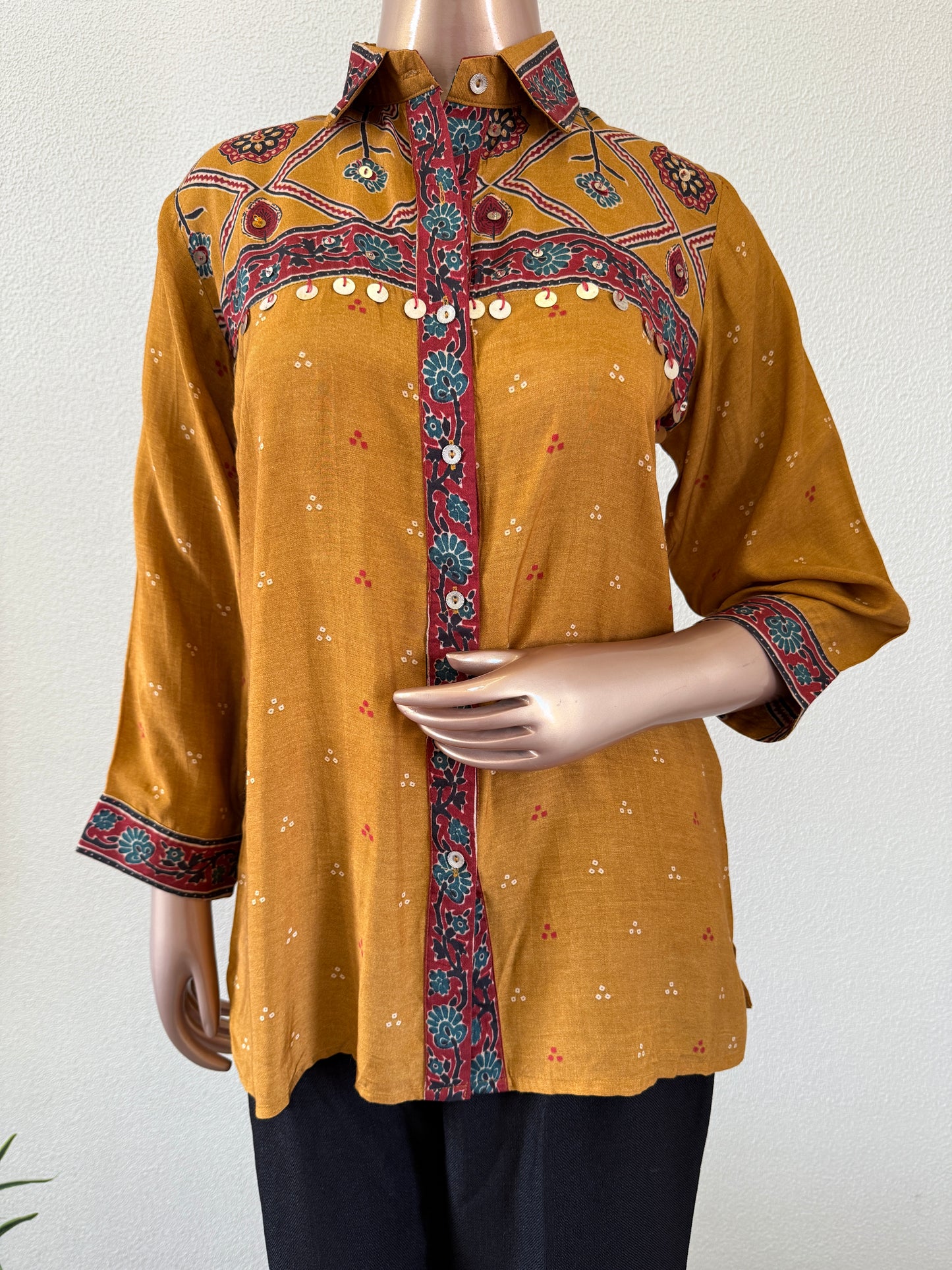 Digital Ajrakh Print Muslin Shirt- Mustard
