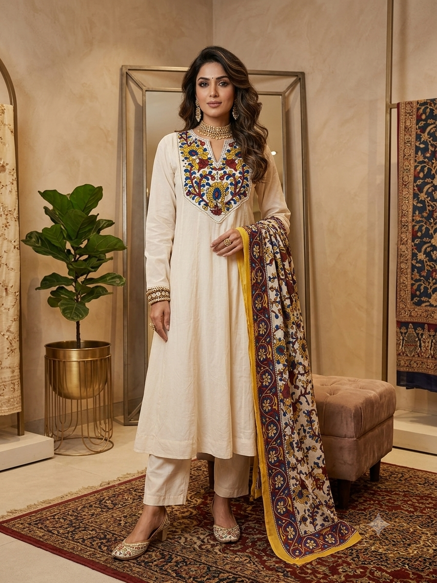 Cotton Anarkali Suit Set with Embroidered Yoke & Kalamkari Print Dupatta