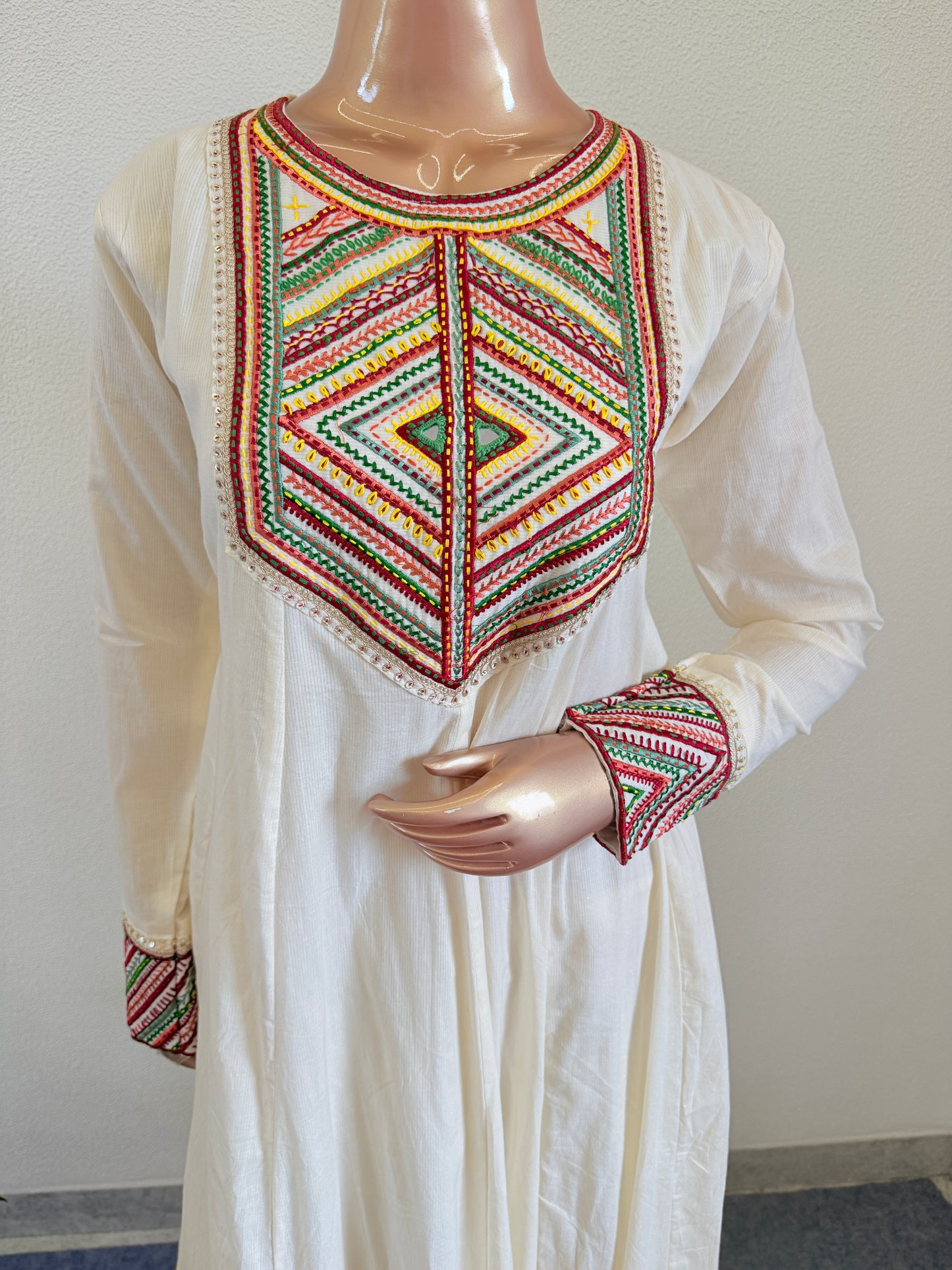 Tribal Embroidered Yoke Anarkali Suit Set with Red Bandhani Dupatta