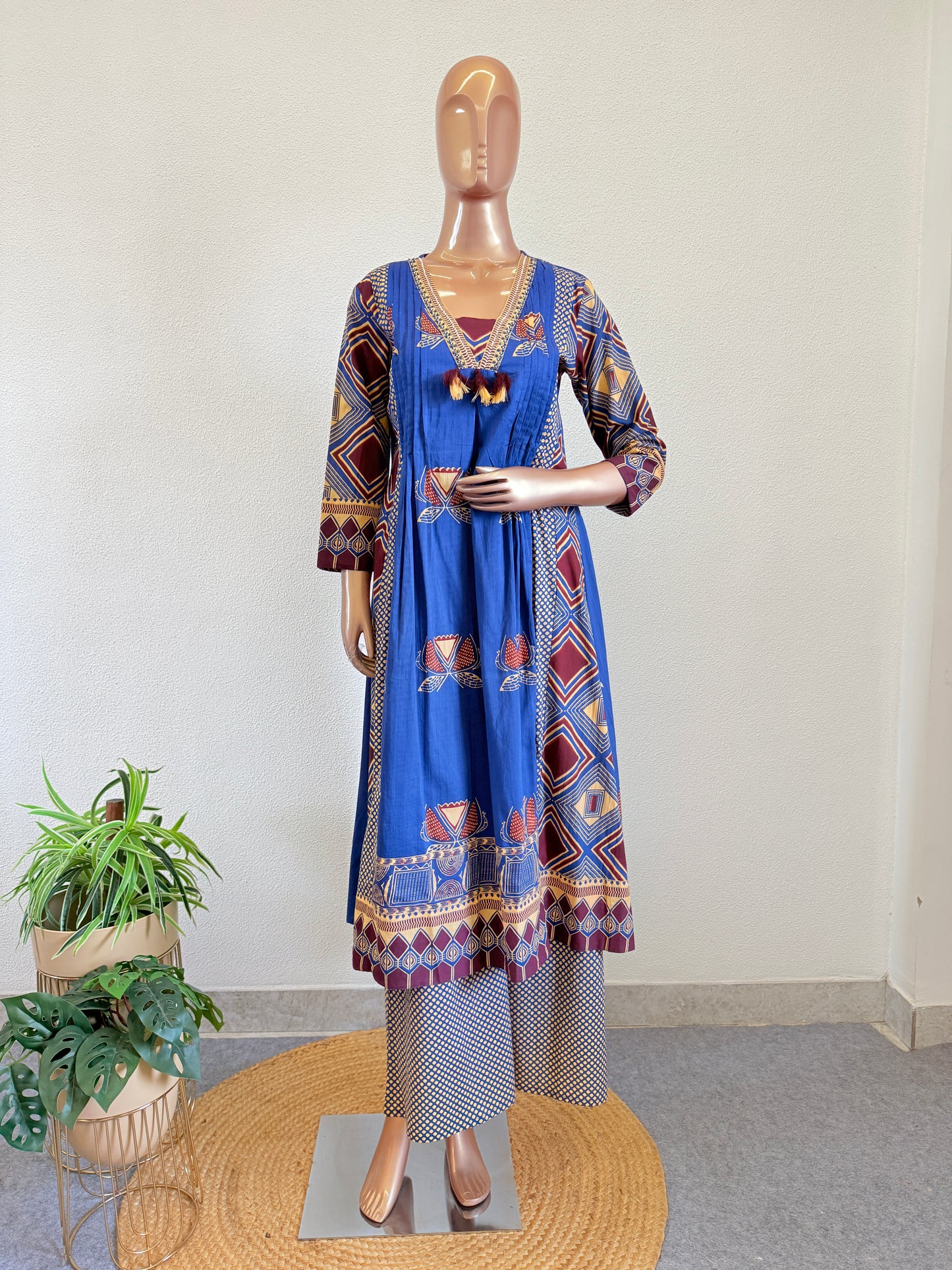 Embroidered V-Neck Pintuck Kalidar Suit Set with Wide Printed Pants & Dupatta