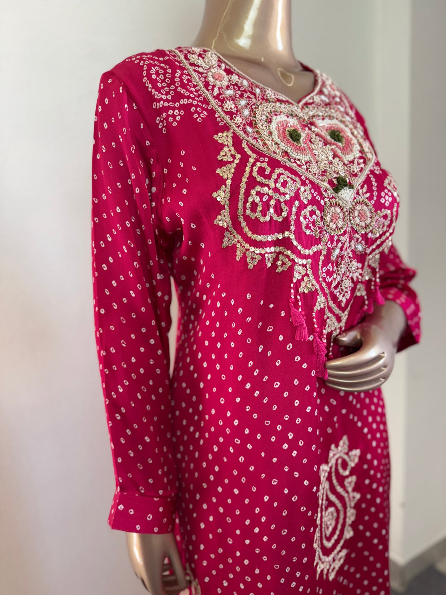 Modal Silk Bandhani Print Suit Set with Heavy work on Yoke