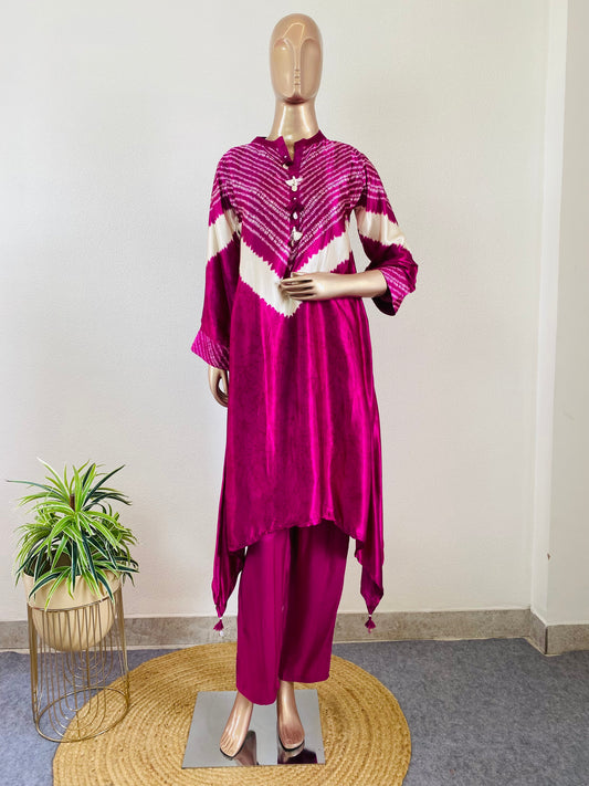 Bandhani Gajji Silk Kurta Pant Set - Wine