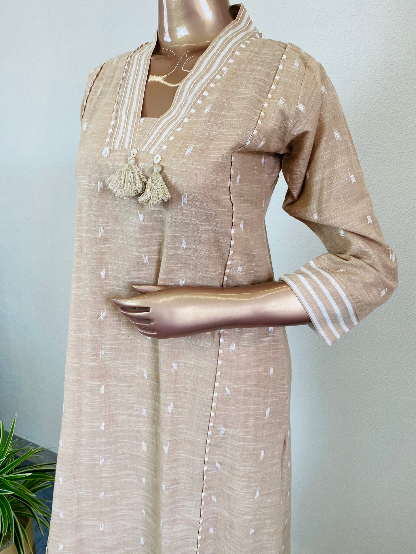 Woven Cotton Turn Collar Kurta Pant Set - Almond