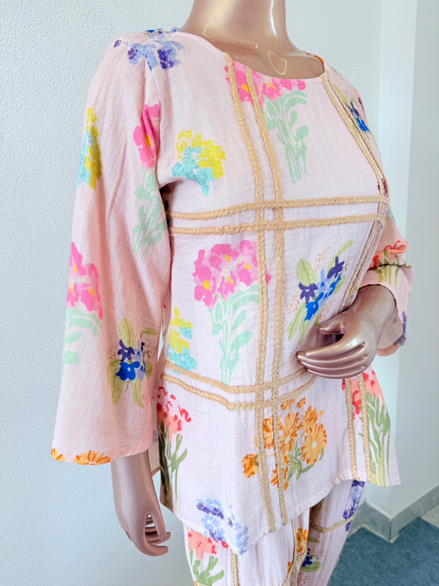 Pure linen Floral Coords with jute detail -Pink