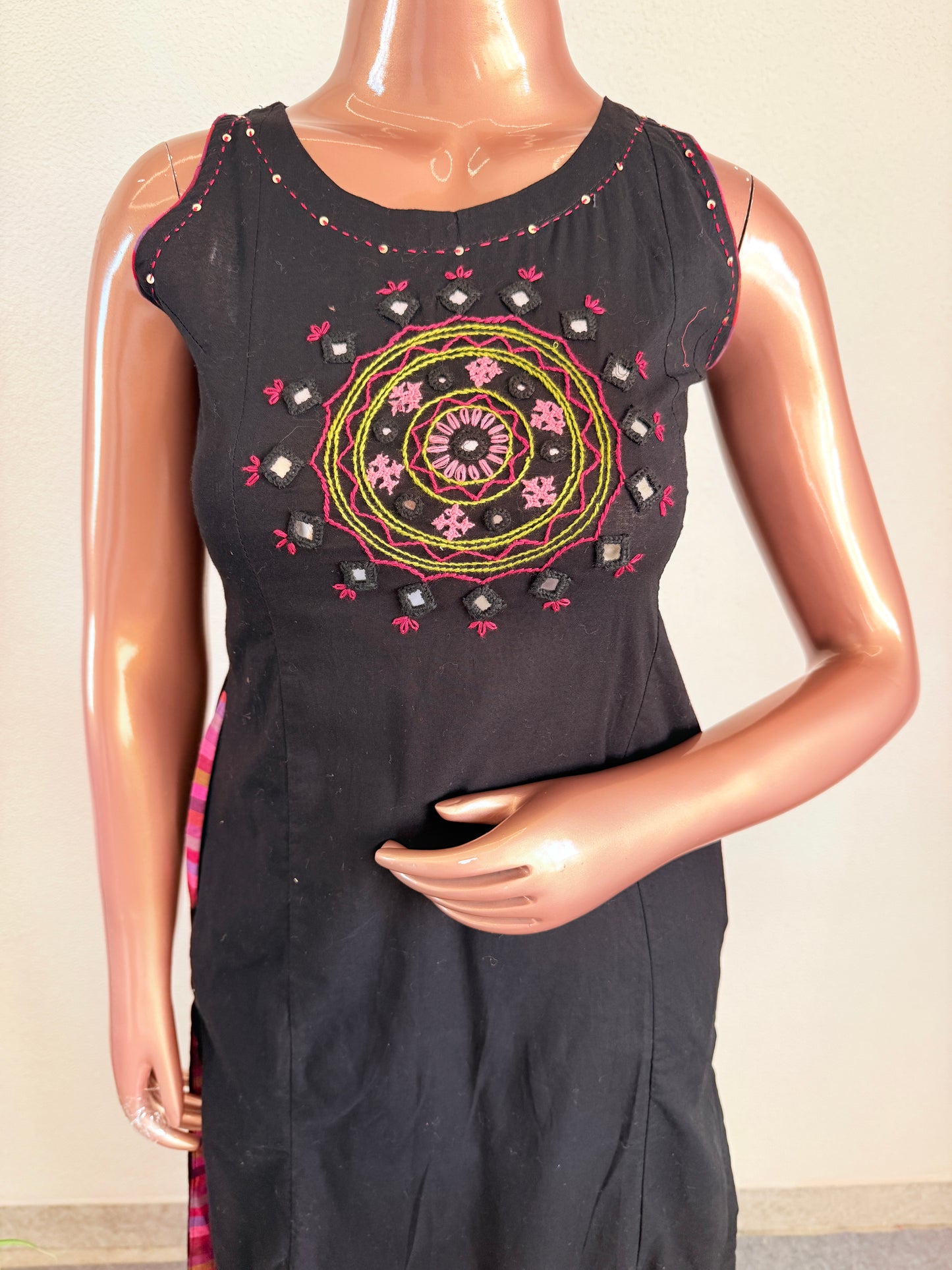 Mandala Mirror Work Black Kurta Set with Multicolor Palazzo