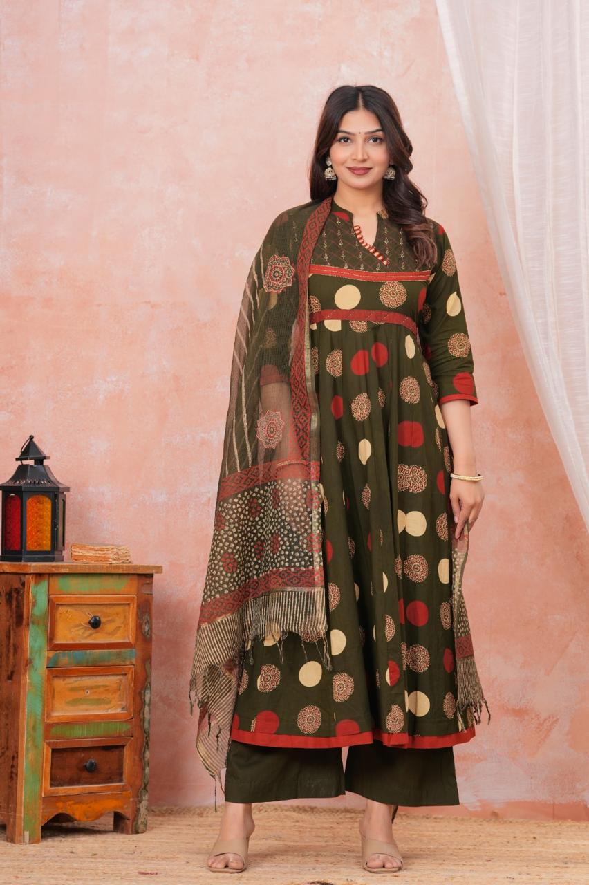 Printed Cotton Frock Suit with Kota Doria Dupatta