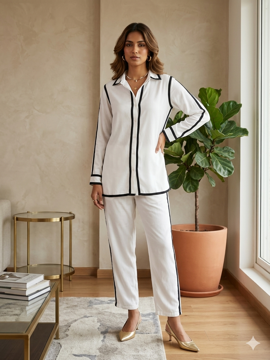 Pure Muslin Coord Set with Black Stripes