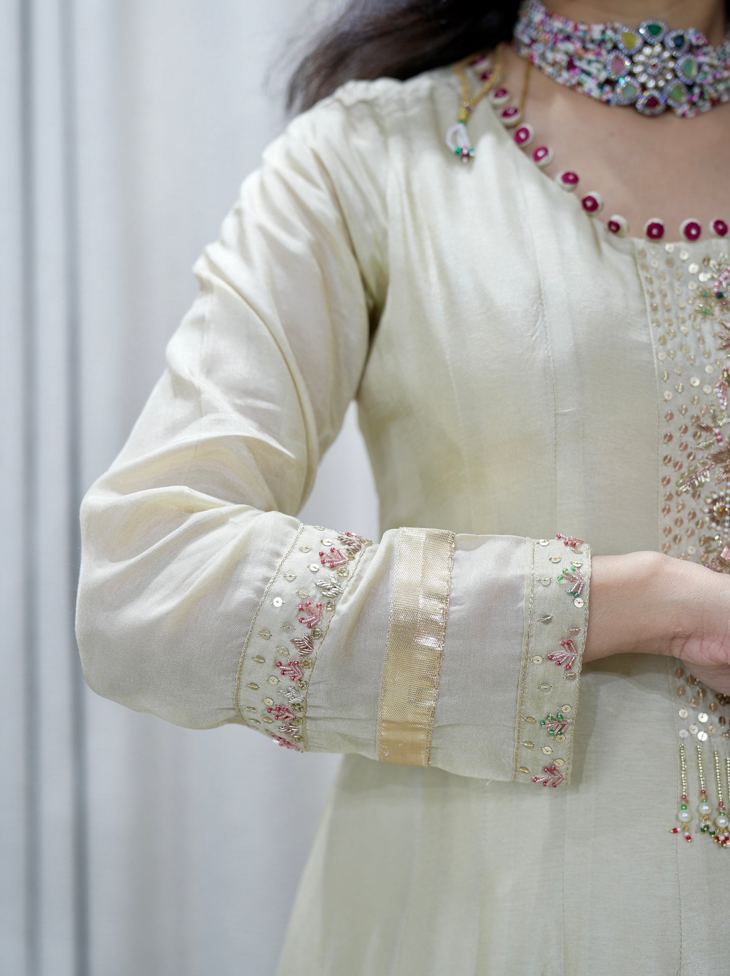 Embroidered Neckline Silk Anarkali Set with Banarasi Brocade Dupatta