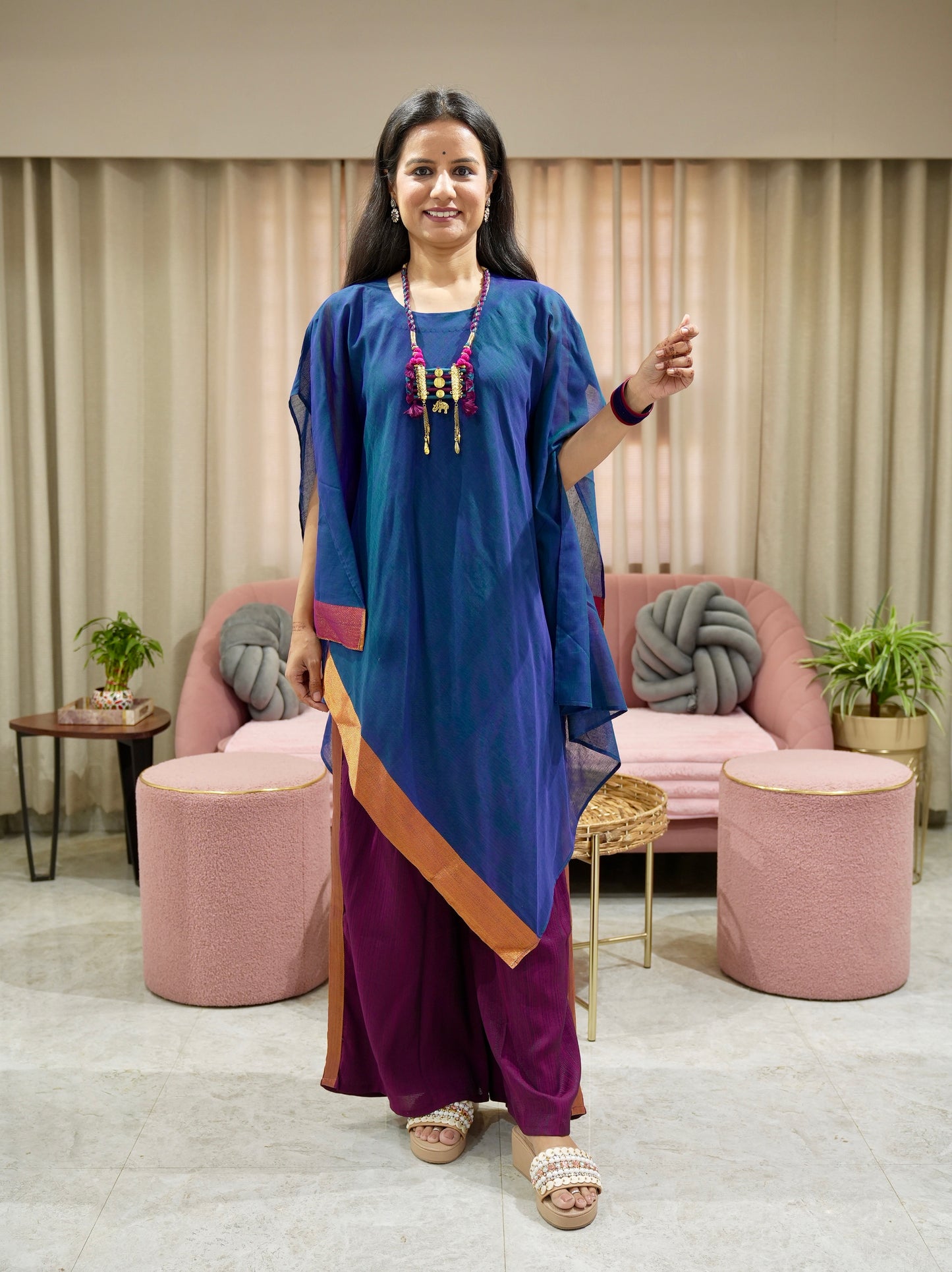 Chanderi Kaftan Indo Western with Neck Piece - Blue