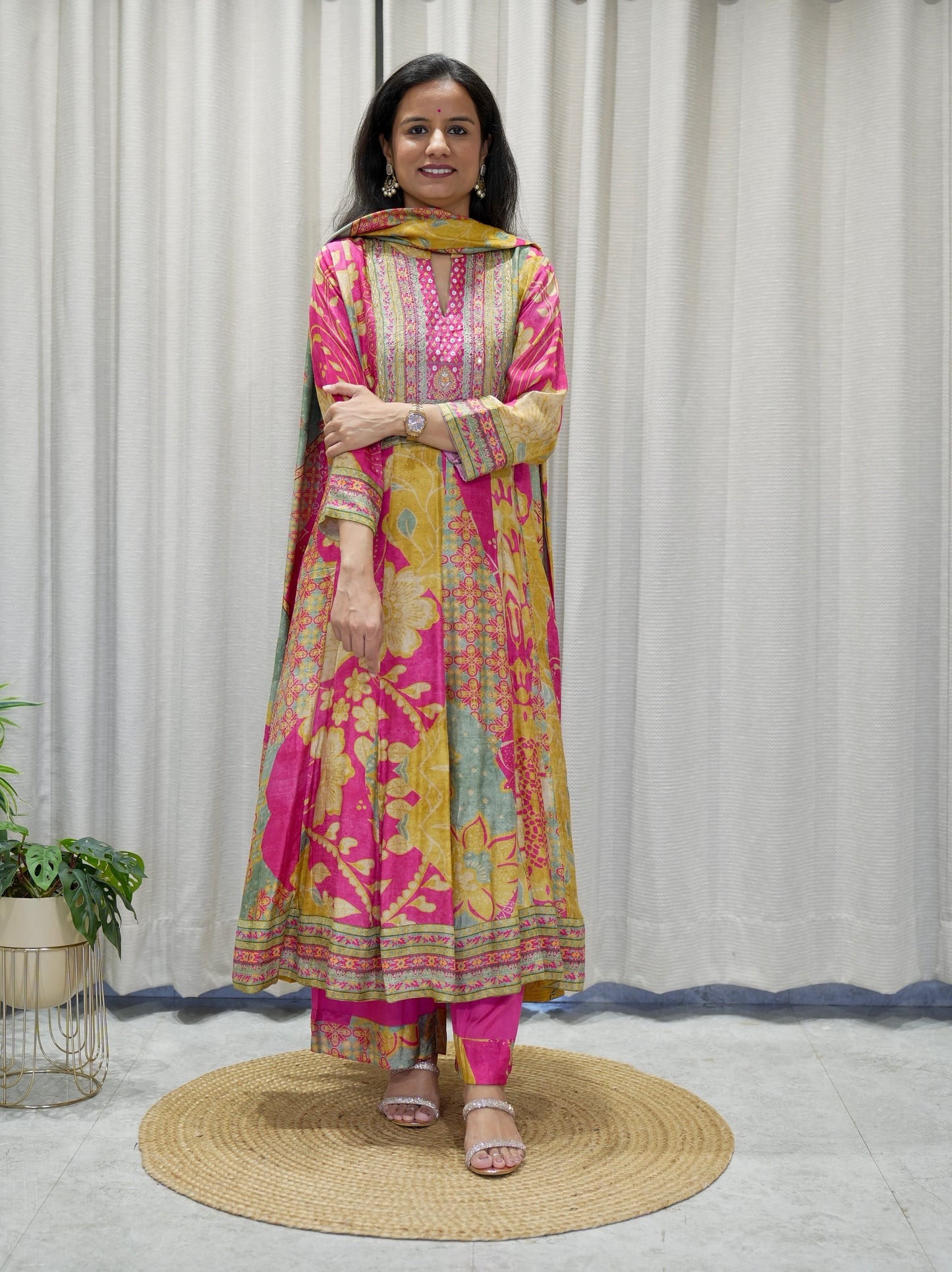 Premium Designer Digital Print Dola Silk Anarkali Set