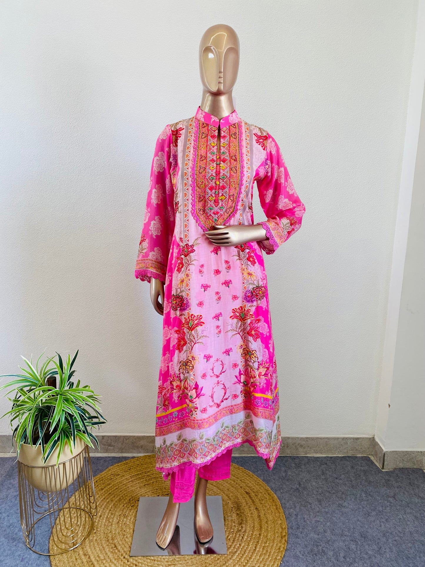 Printed Soft Muslin A-line Suit- Pink