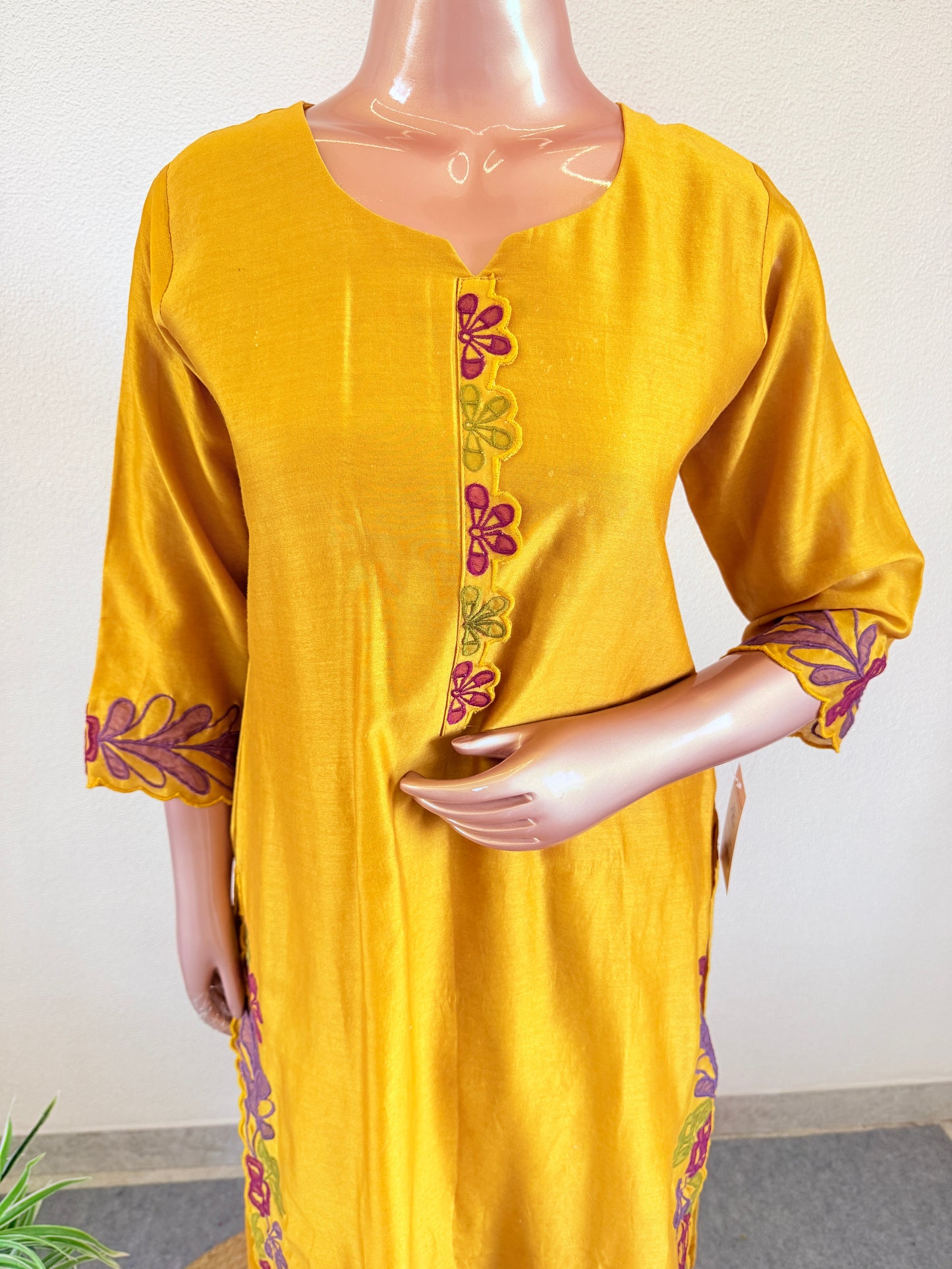 Designer Pure Silk Suit with Applique Work and Palazzo Pants with Organza Dupatta