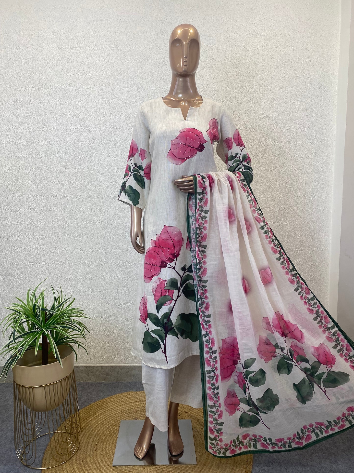 Linen Suit Set with Bougenvillia Flower Print