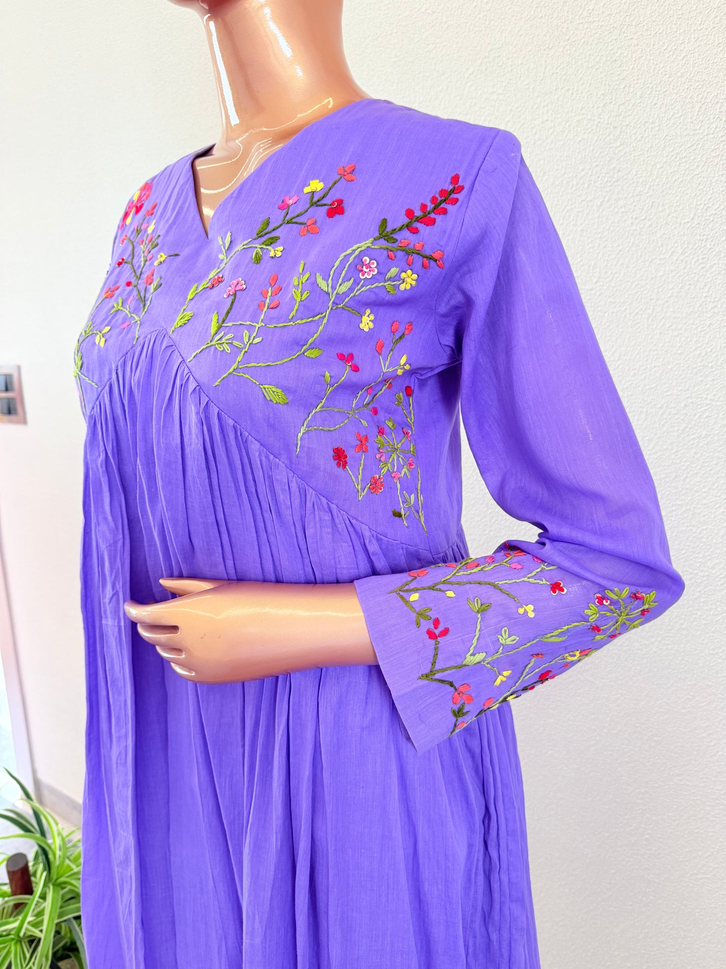 Malai Cotton Frock Suit Set with Hand Embroidery - Purple