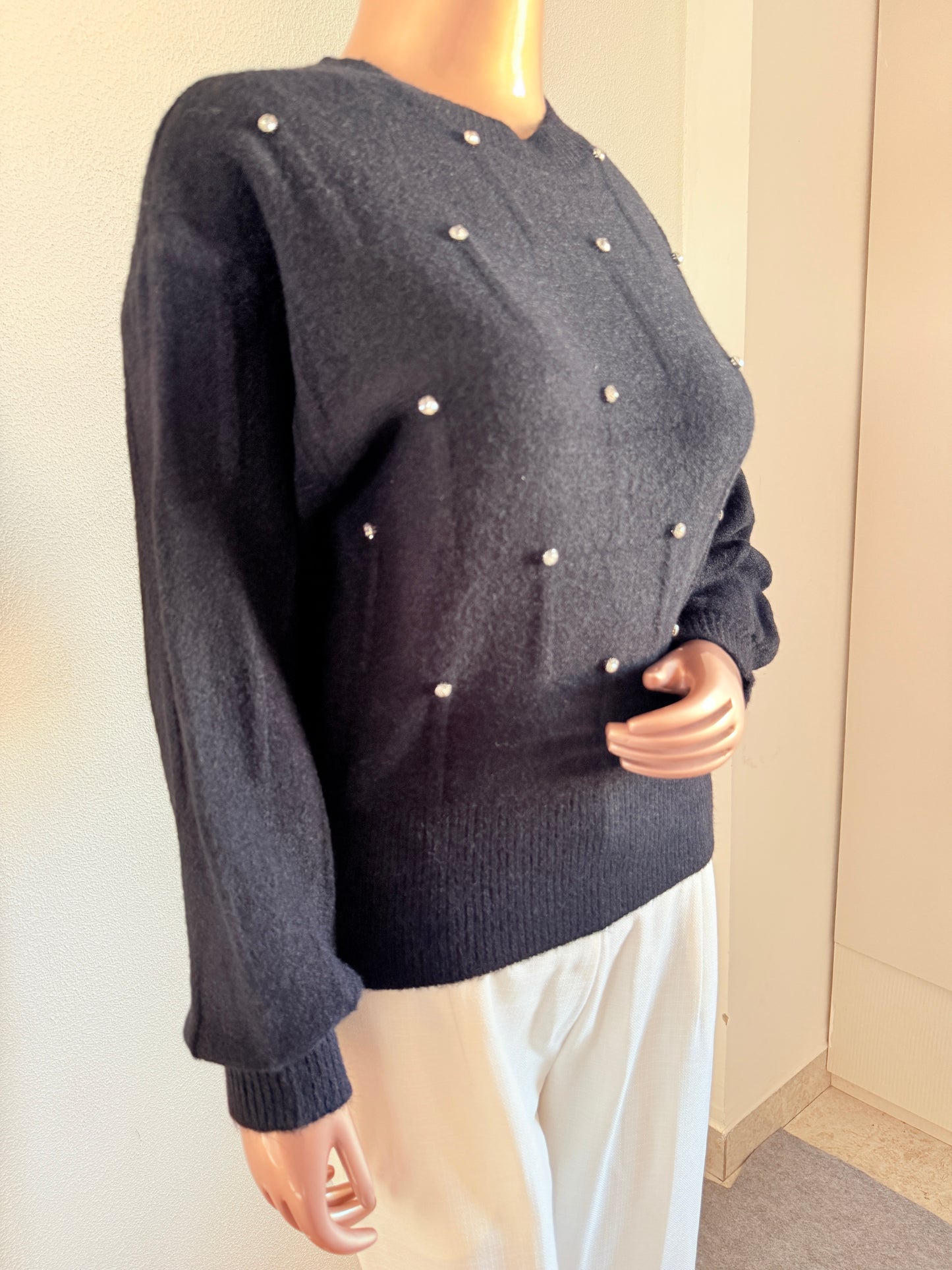 Woollen Top with Diamond Studs - Black