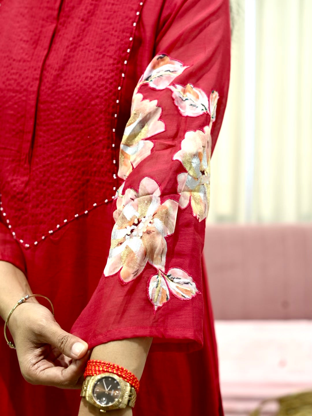 Silk Suit Set with Appliqué work on sleeves