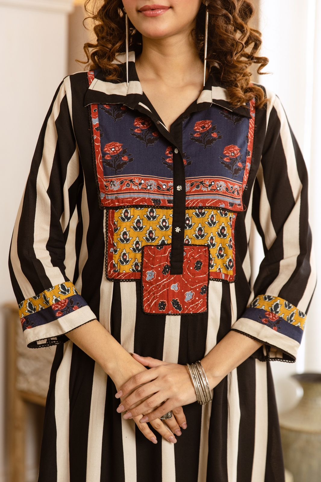Monochrome Striped Tunic with Patchwork Yoke & Trousers