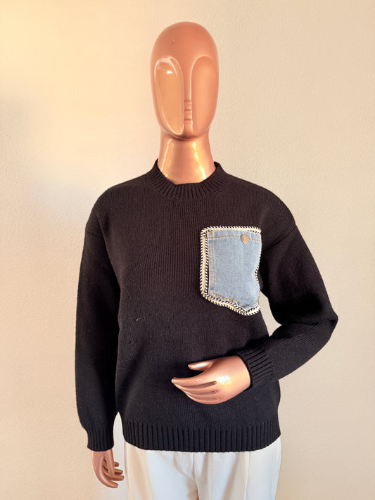 Woollen Sweater with Denim Pocket - Black