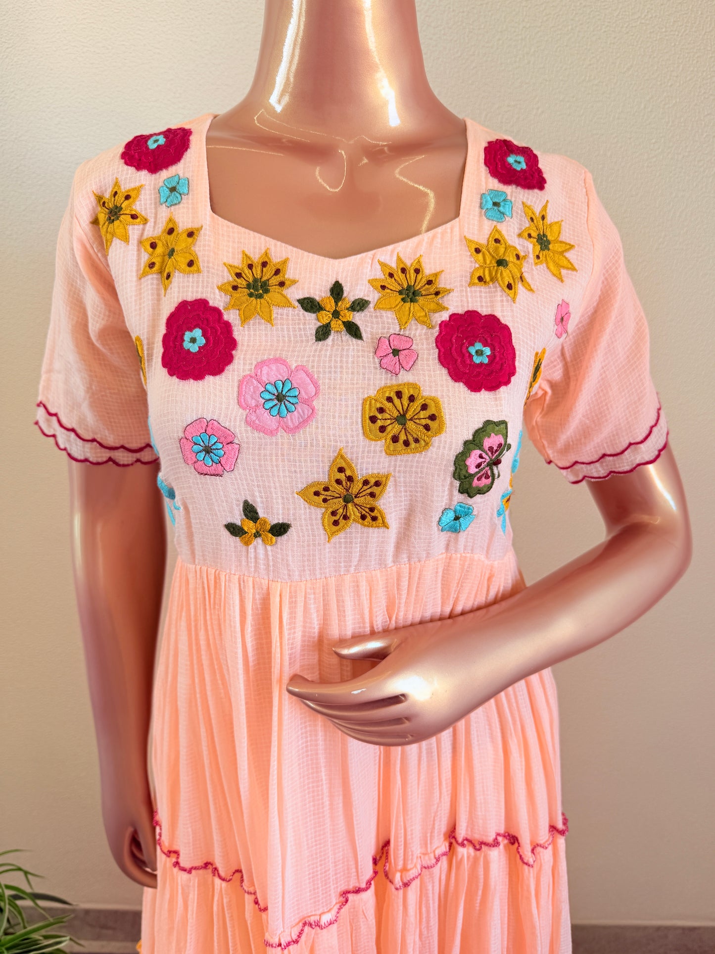 Pure Kota Doria Tiered Pattern Suit with Hand Work on Yoke