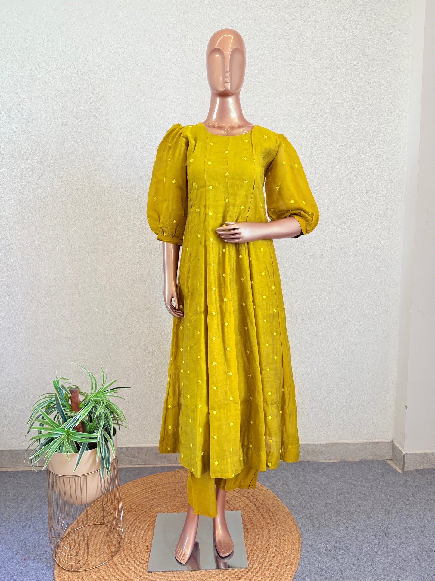 Olive Mustard Chanderi Anarkali Kurta Set with Embroidered Koti Jacket and Pants