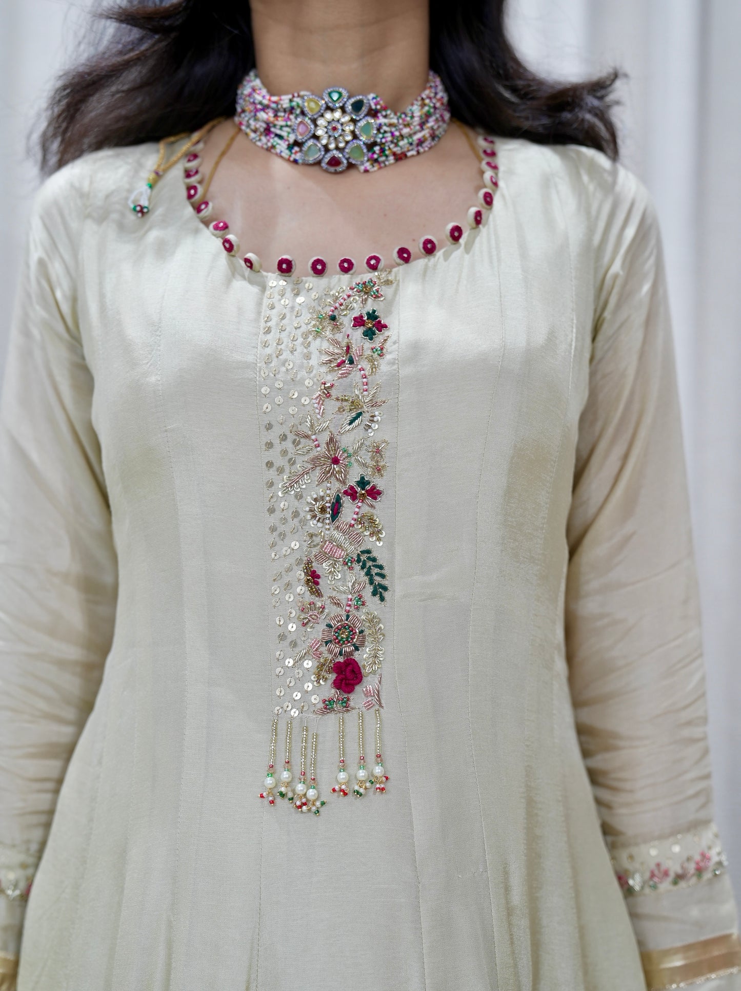 Embroidered Neckline Silk Anarkali Set with Banarasi Brocade Dupatta