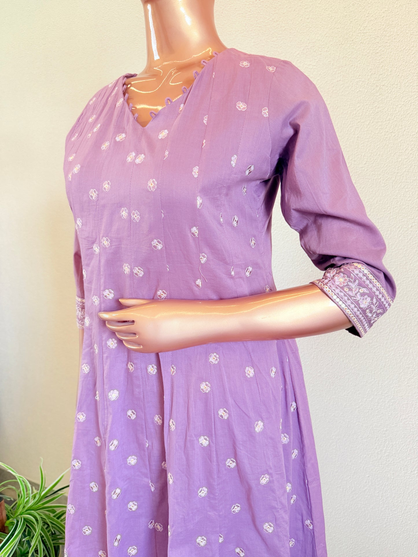 Embroidered Cotton Anarkali Set - Lavender
