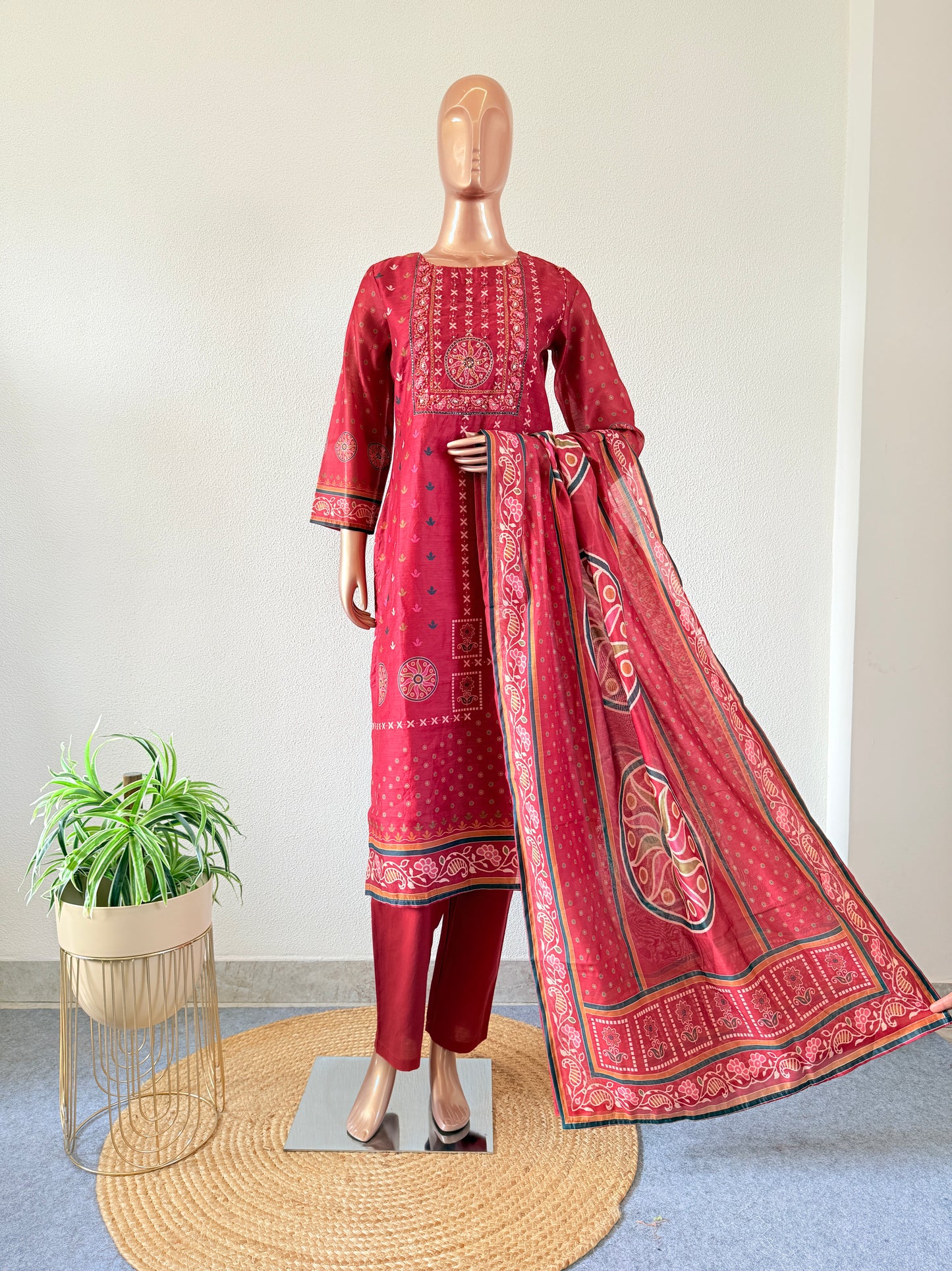 Chanderi Printed Suit Set With Hand Work on Yoke