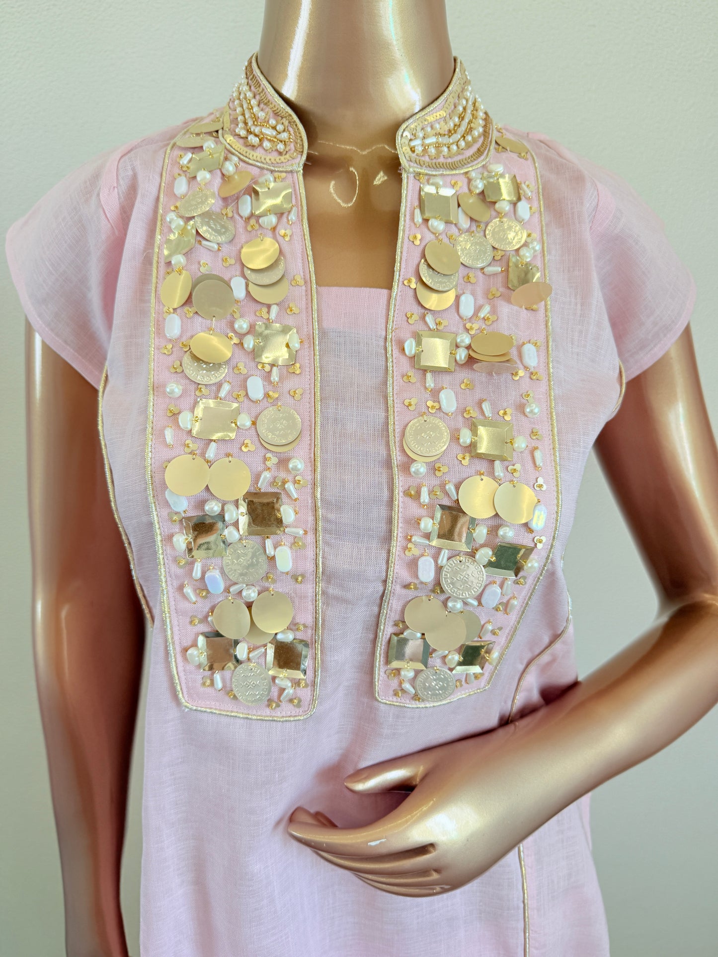 Pastel Pink Cap Sleeve Straight Kurti with Mirror-Embellished Panel and Trousers
