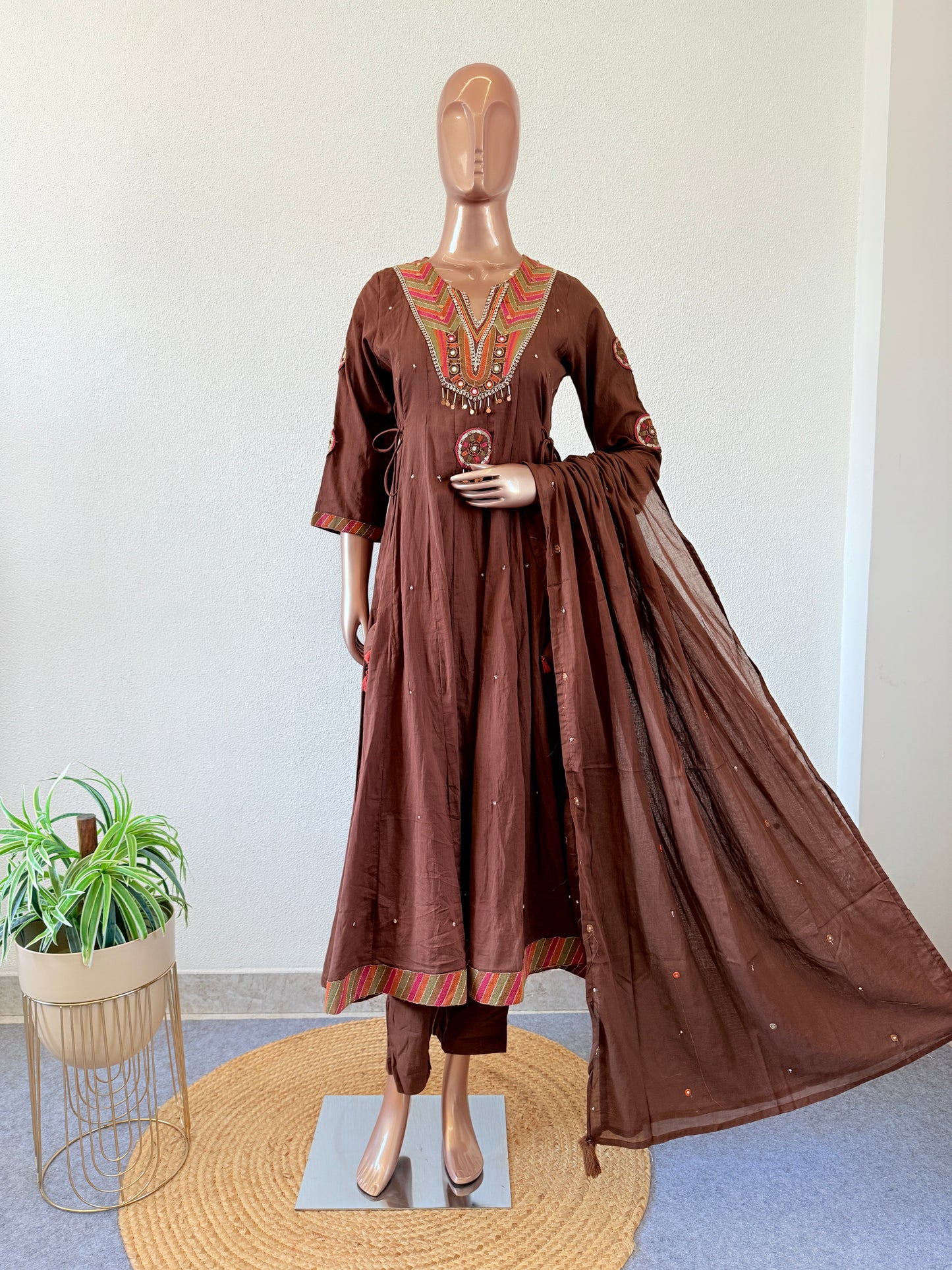 Mul Cotton Frock Suit with Heavy Neck Work - Brown