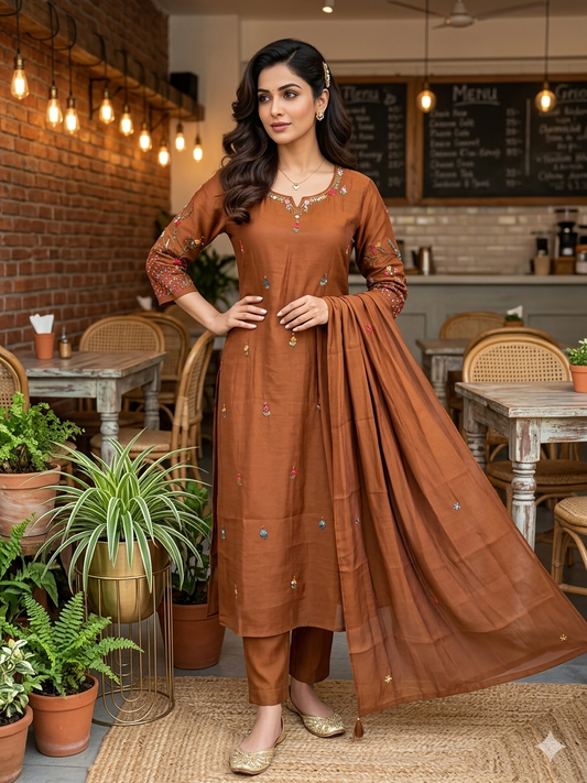 Hand Thread Embroidered Russian Silk A Line Suit Set