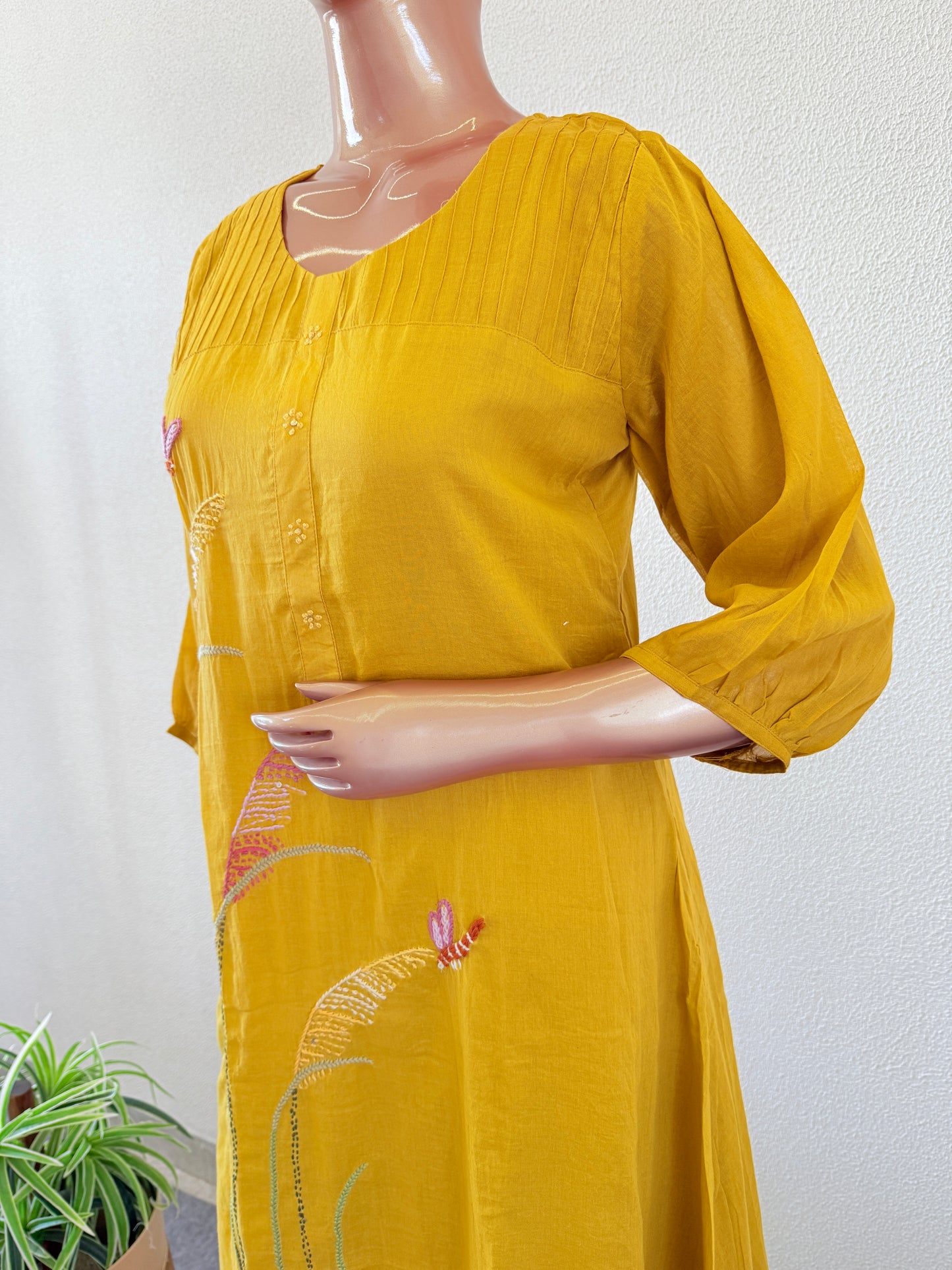 Embroidered Mul Cotton Kurta Palazzo Set -Yellow