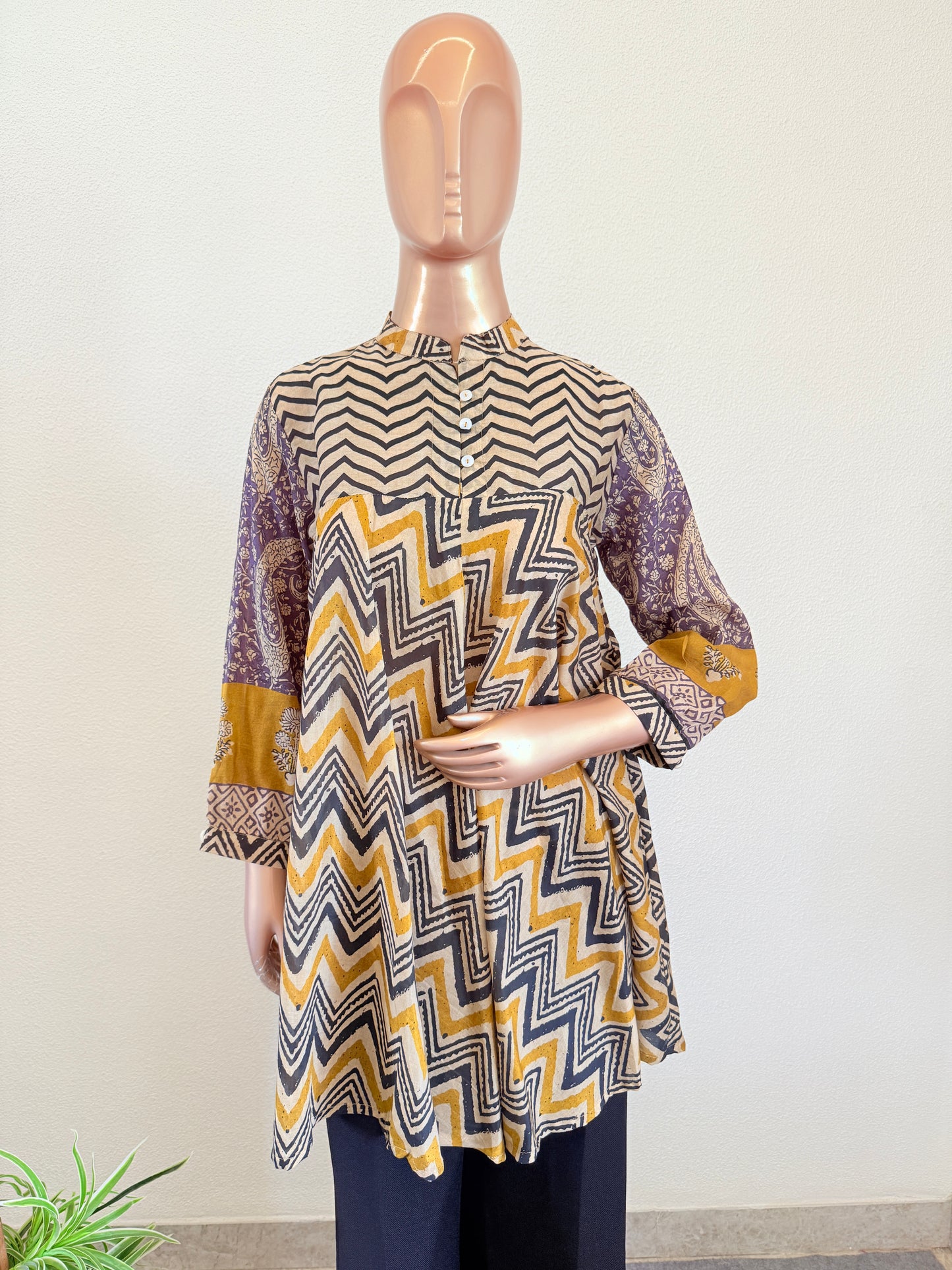 Ethnic Mul Chanderi Fusion A-Line Top- Mustard