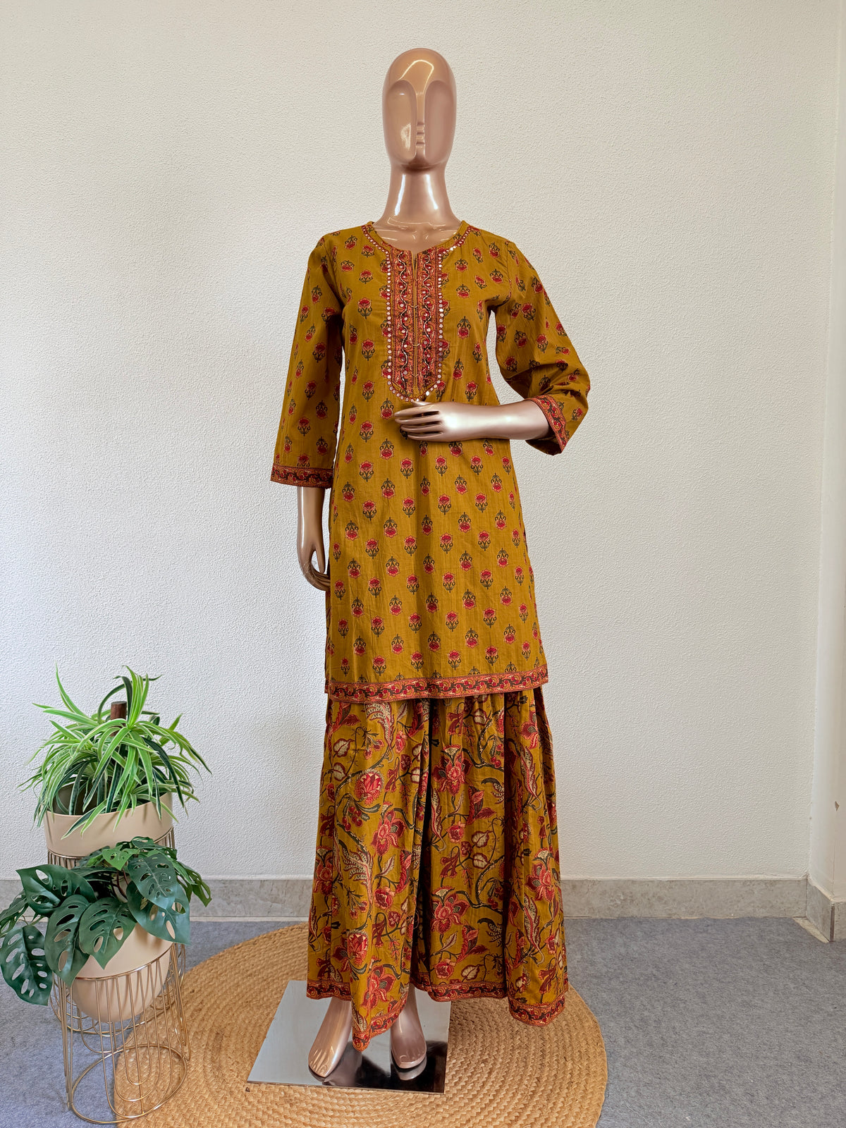 Mirror & Beadwork Embroidered Cotton Suit Set with Flared Sharara Palazzo