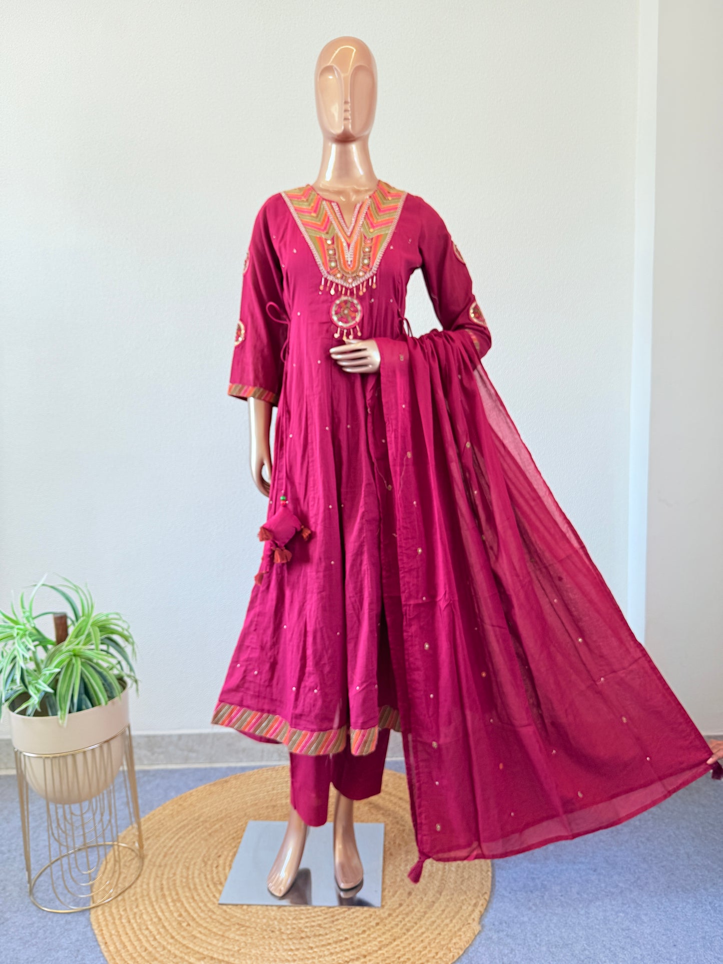 Mul Cotton Frock Suit with Heavy Neck Work - Pink