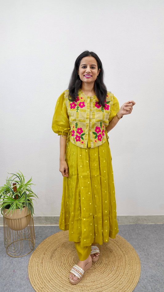 Olive Mustard Chanderi Anarkali Kurta Set with Embroidered Koti Jacket and Pants