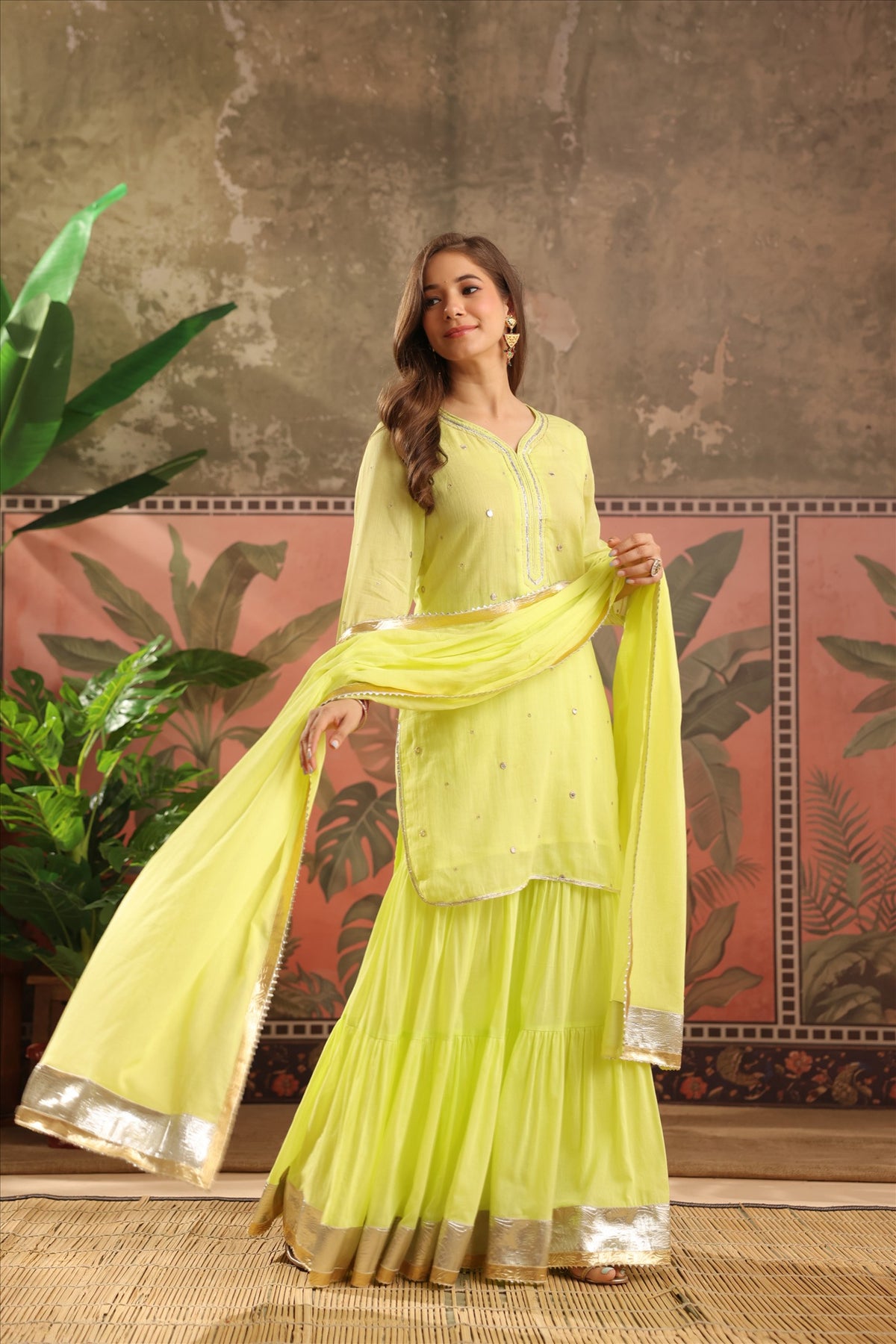 Gota Patti Detailed V-Neck Short Kurti & Tiered Sharara Set with Sheer Dupatta