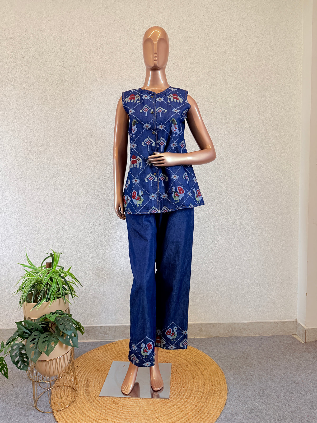 Patola Folk Embroidered Sleeveless Denim Co-Ord Set with Wide-Leg Pants