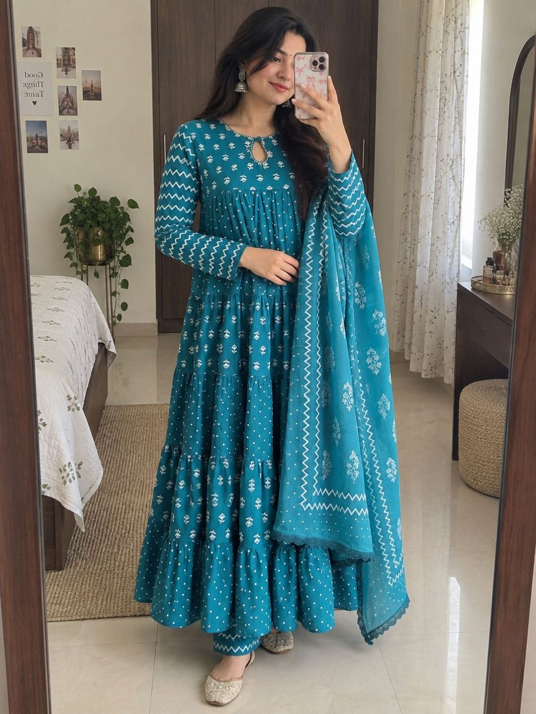 Tiered Floral & Booti Print Silk Anarkali Set with Lace Dupatta - Teal