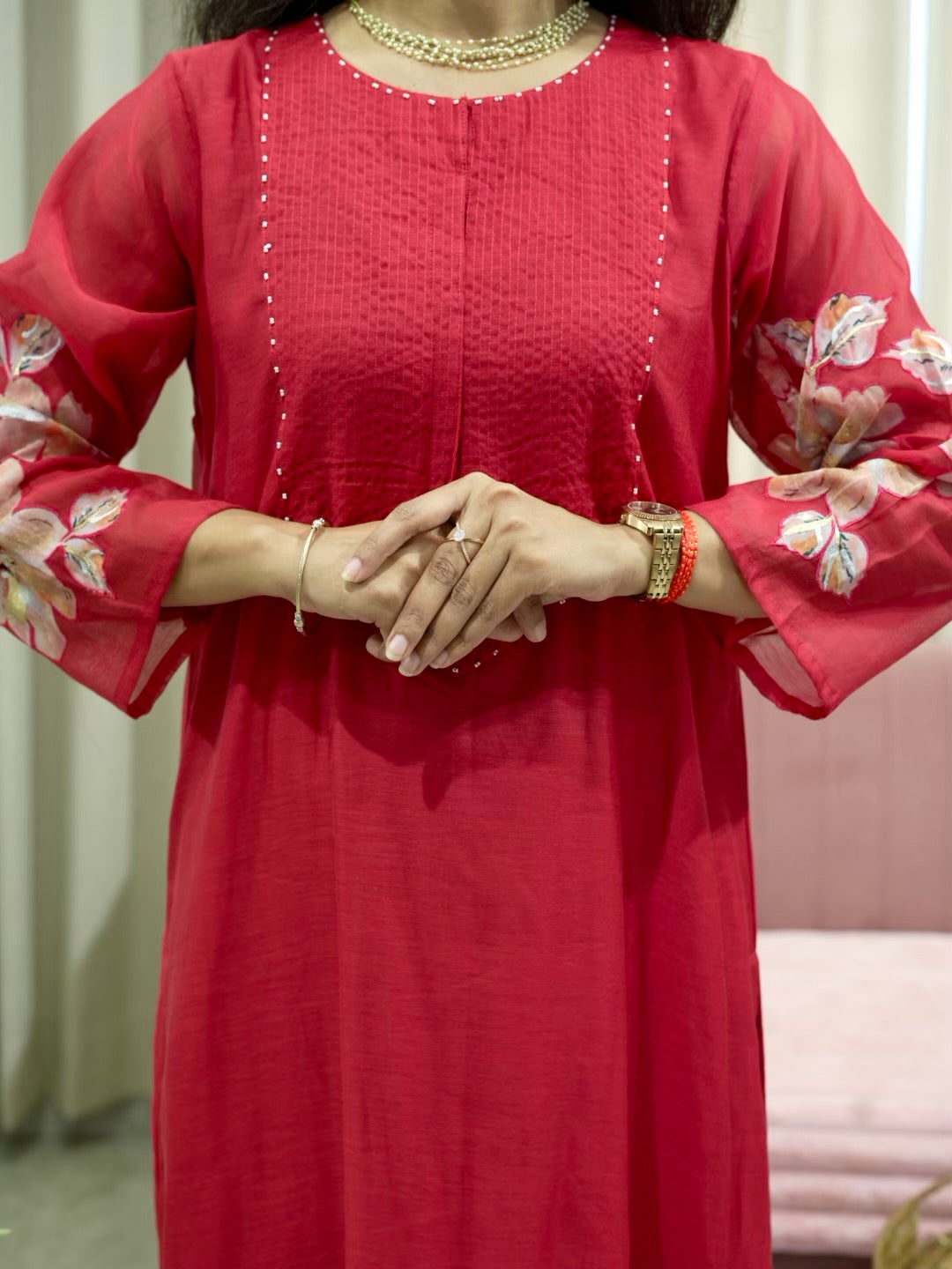 Silk Suit Set with Appliqué work on sleeves