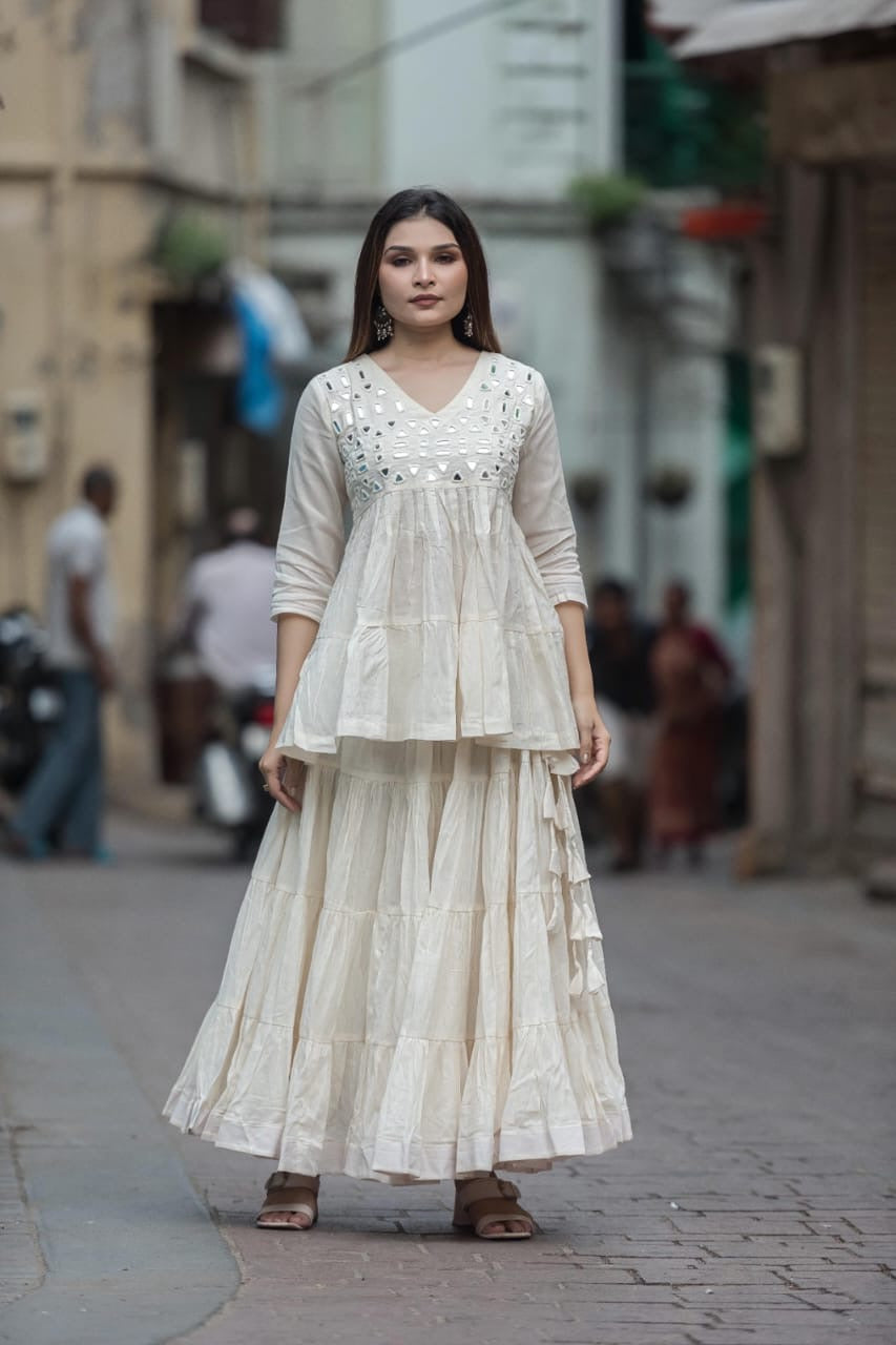 Kora Cotton Peplum Top and Flared Skirt with Real Mirror Work